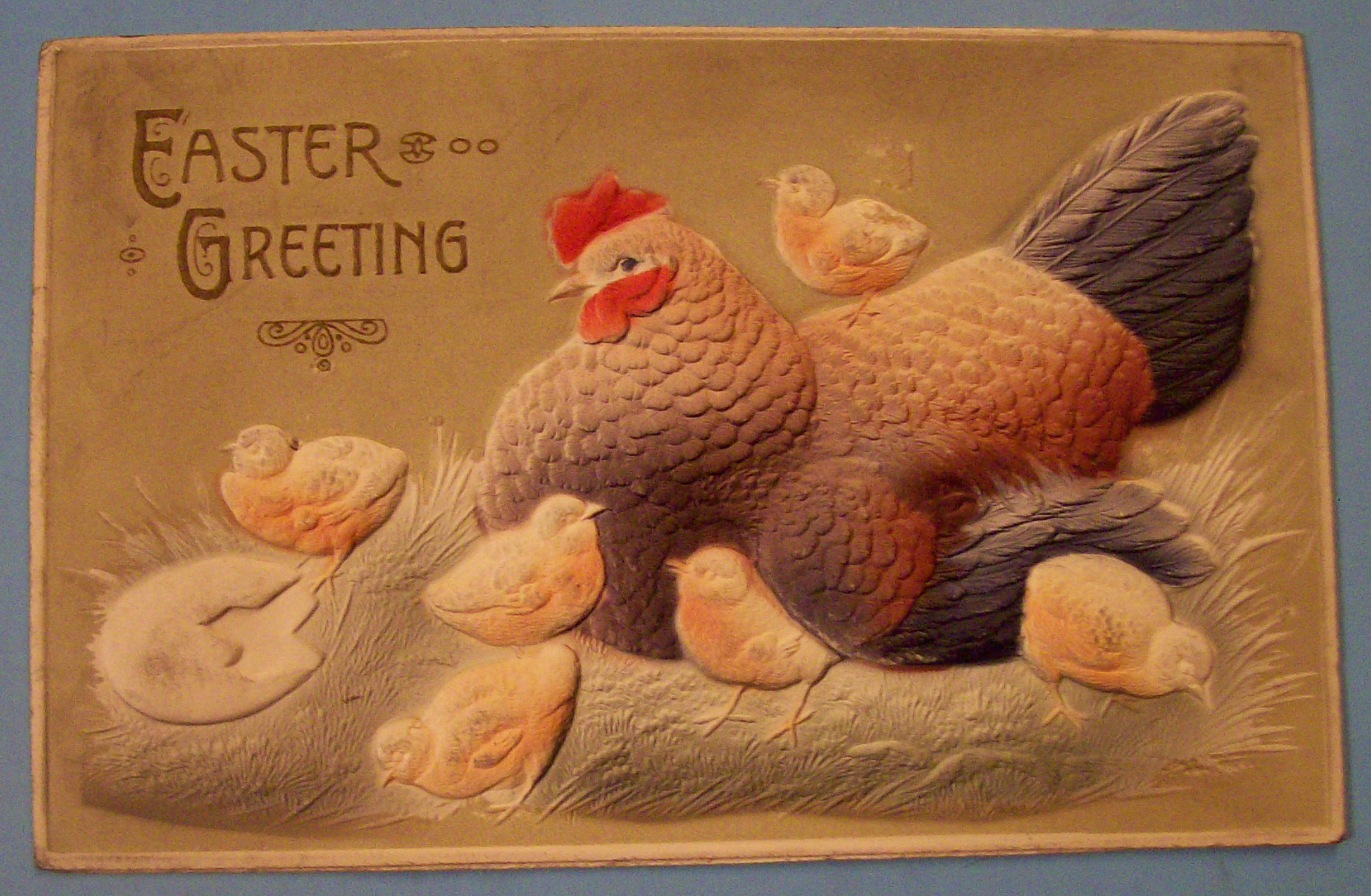 Easter Greetings Postcard w/Chicken and Six Chicks