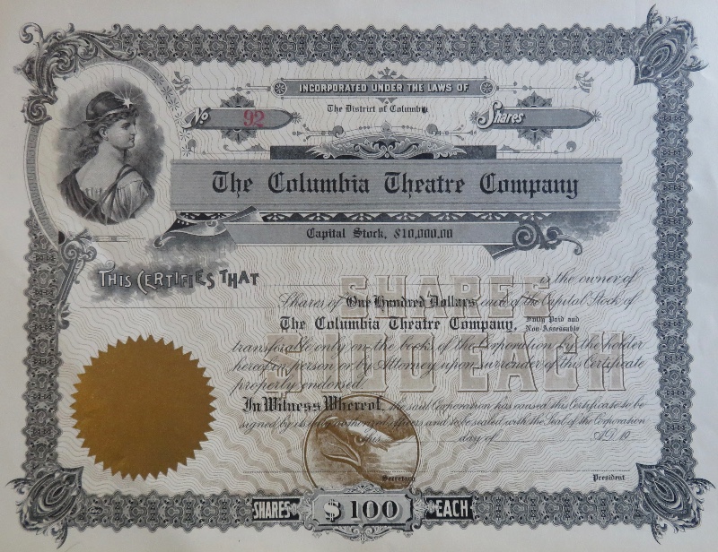 Early 1900's The Columbia Theatre Company Stock Certificate