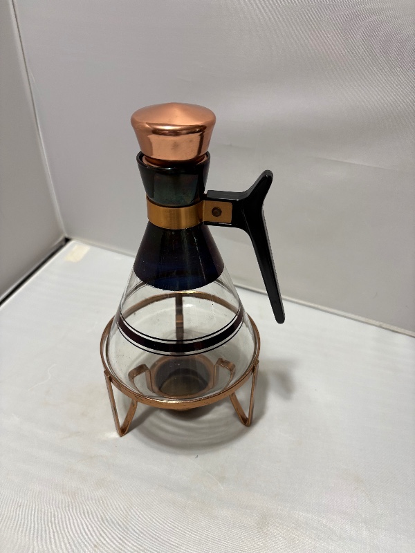 Vintage Copper and Glass Carafe with Black Handle and Warmer MC 1960s