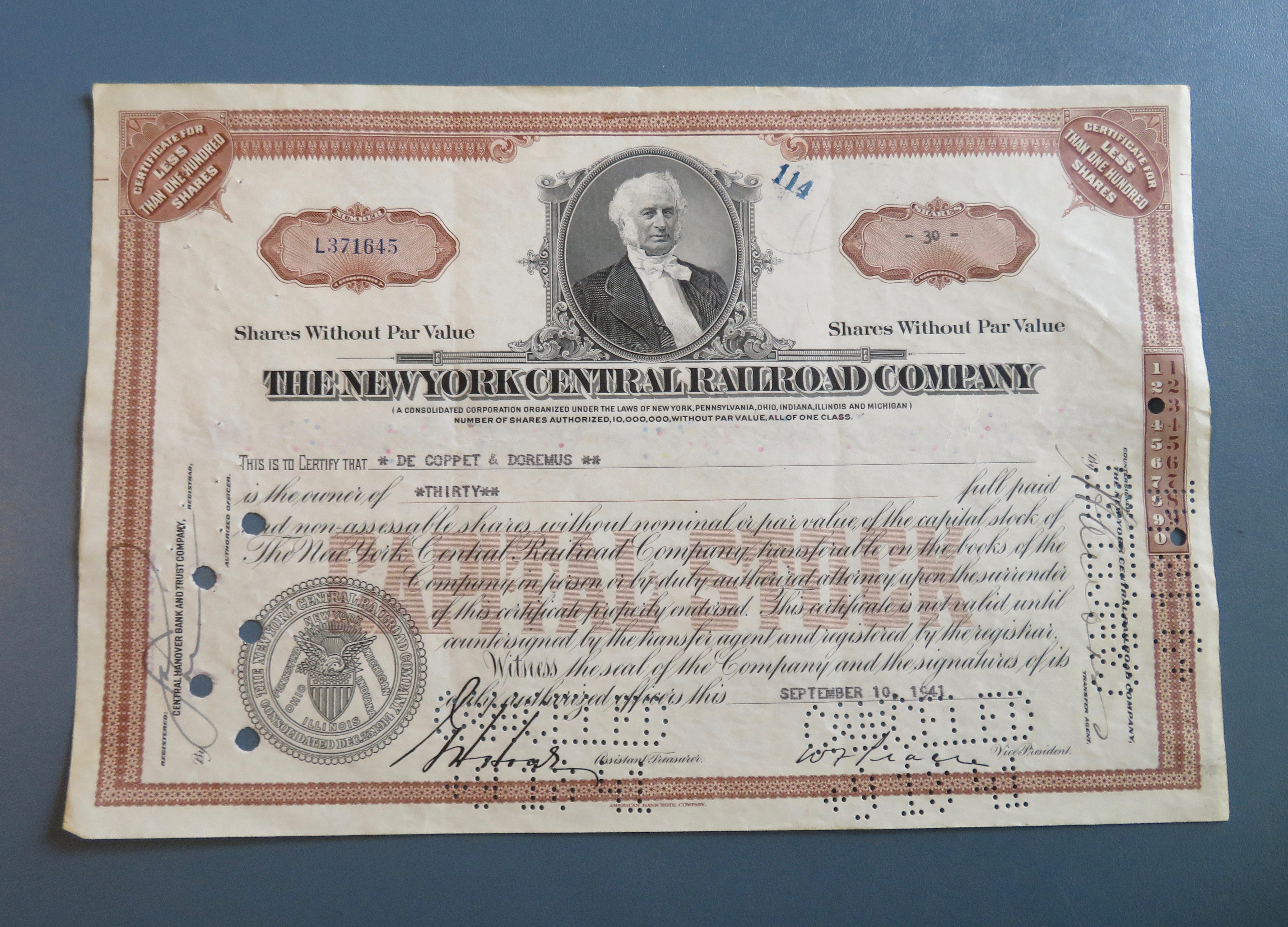 1941 New York Central Railroad Co Stock Certificate