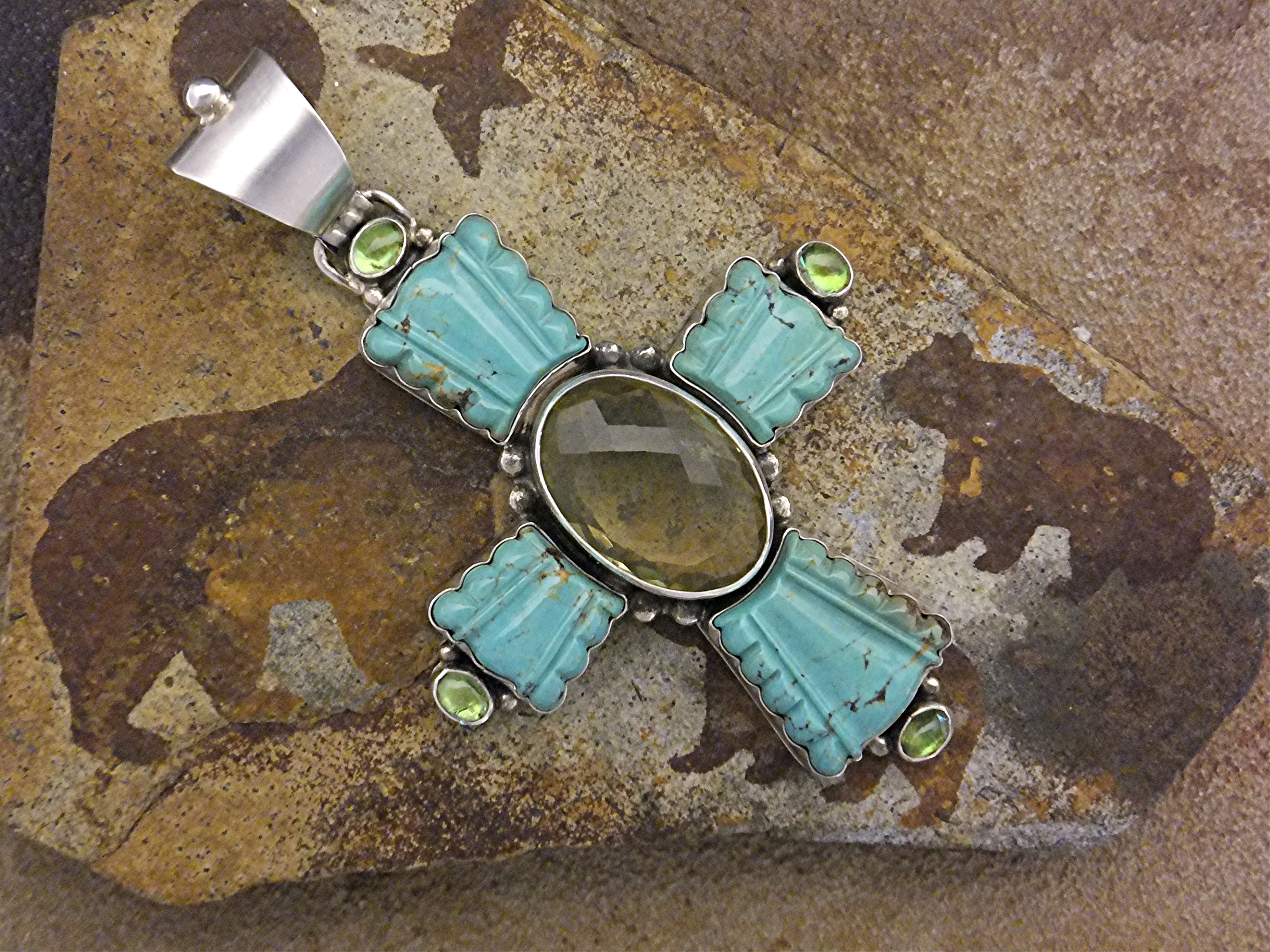 David Troutman Sterling Silver Carved Turquoise Citrine