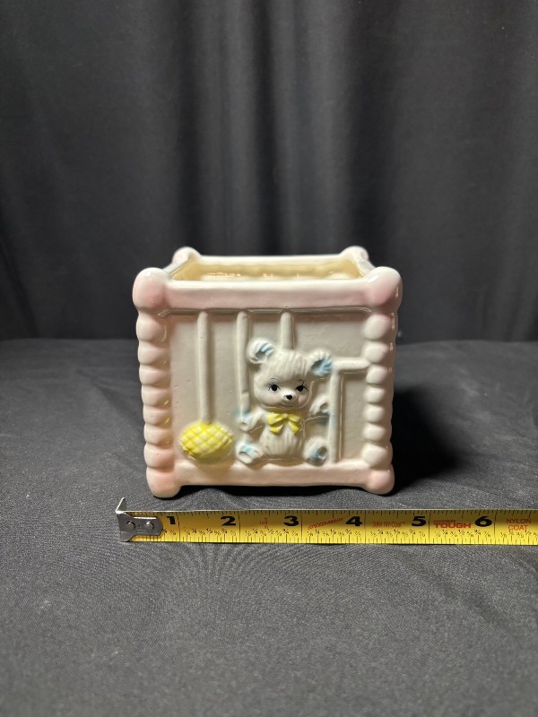 Vintage Ceramic Baby Crib Planter with Teddy Bear and Yarn Nursery Decor