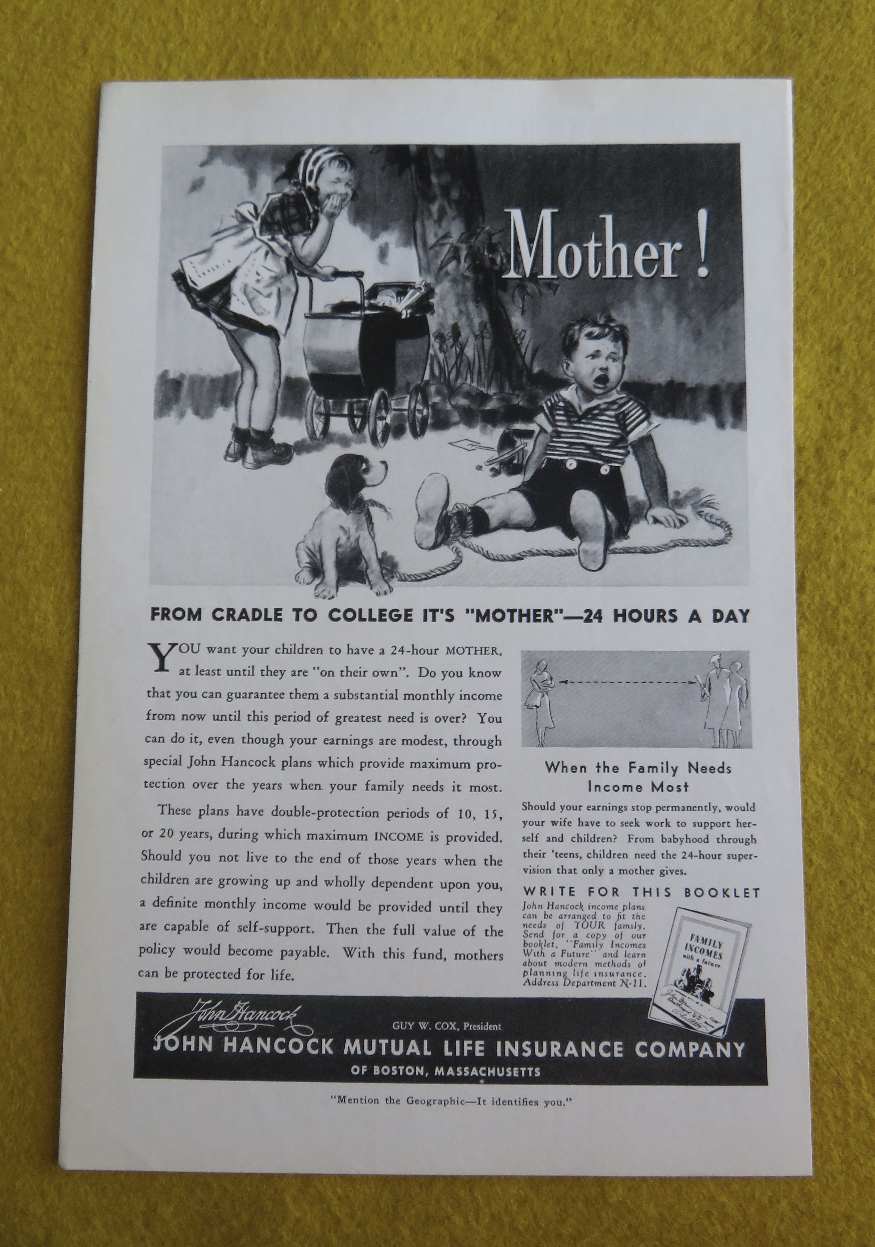 1938 John Hancock Mutual Life Insurance Co w/Boy & Girl
