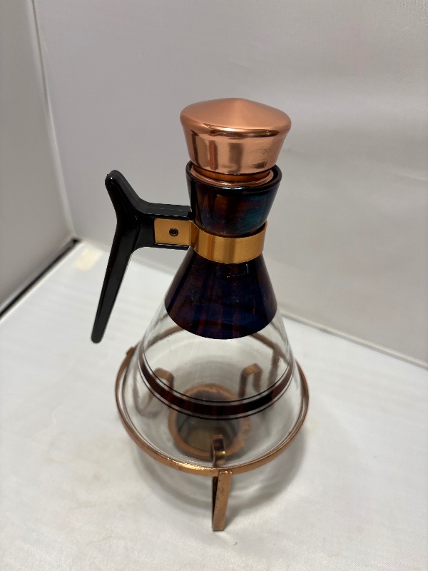 Vintage Copper and Glass Carafe with Black Handle and Warmer MC 1960s
