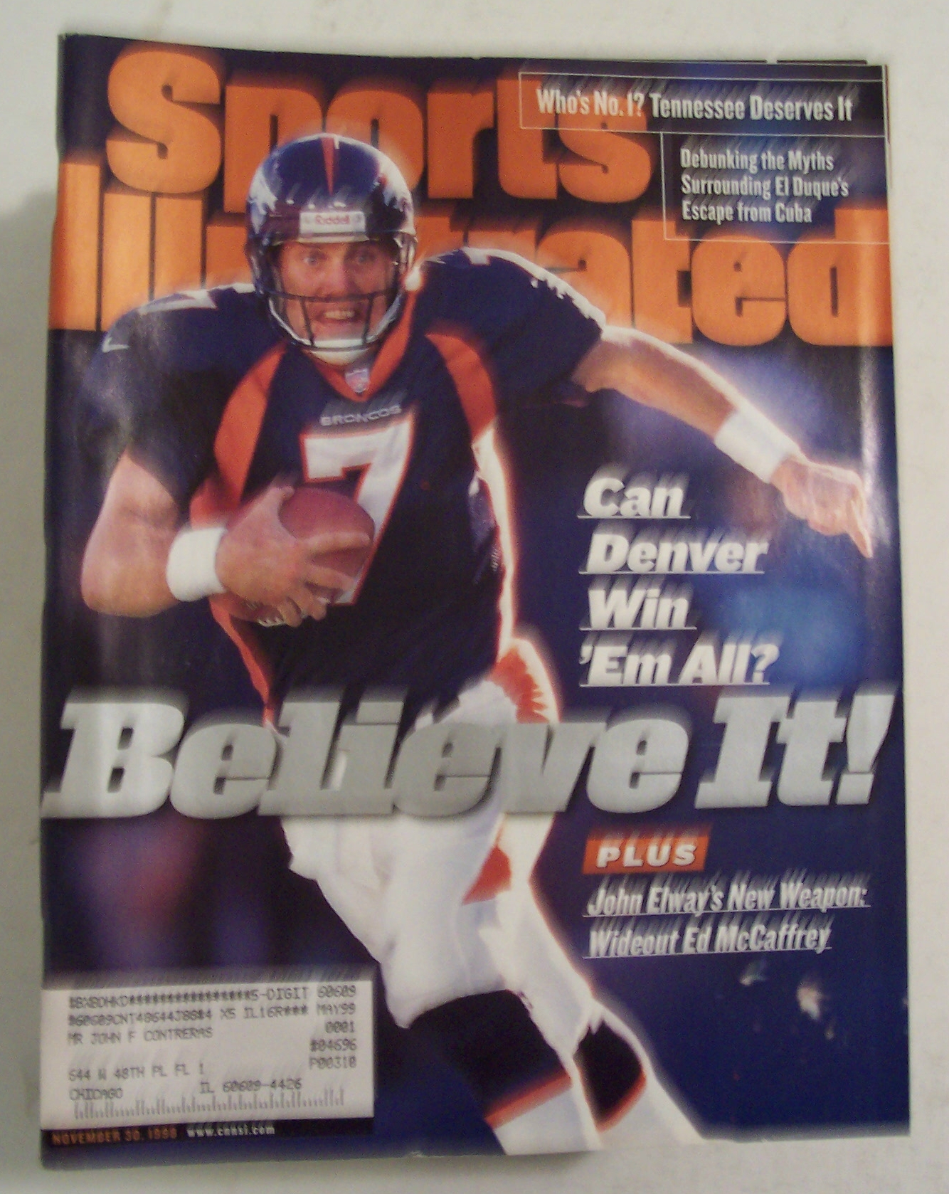 Sport Illustrated Magazine-November 30, 1998-John Elway