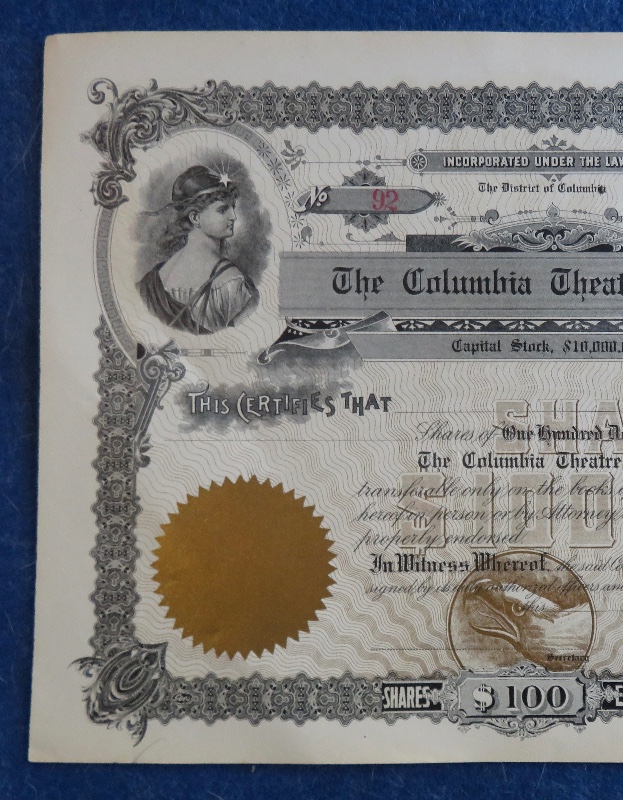 Early 1900's The Columbia Theatre Company Stock Certificate