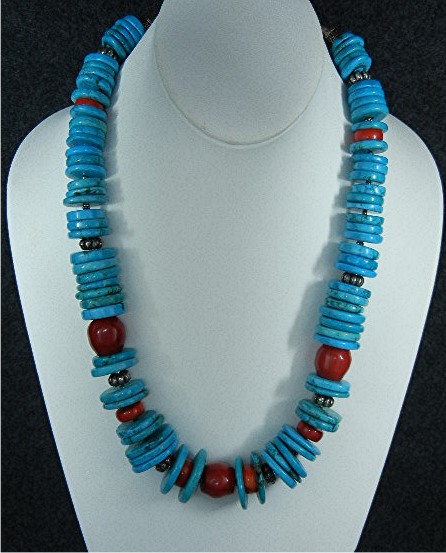 Chinese Turquoise Coral Sterling Silver Toggle Necklace