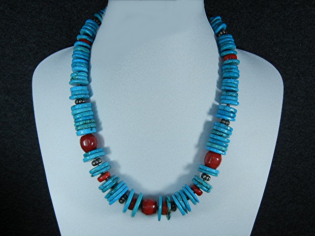Chinese Turquoise Coral Sterling Silver Toggle Necklace