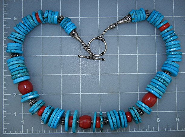 Chinese Turquoise Coral Sterling Silver Toggle Necklace