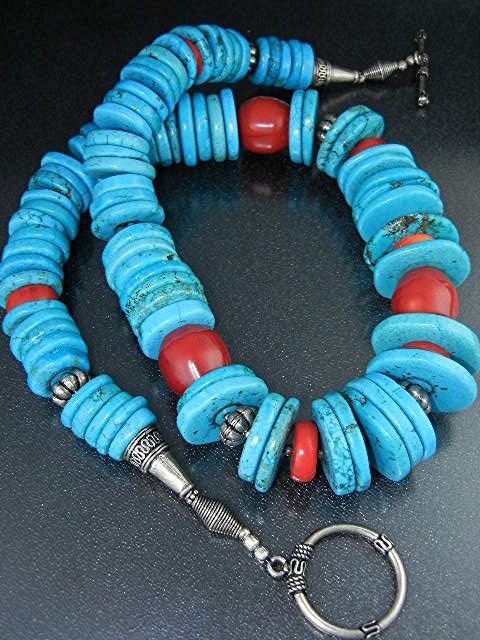 Chinese Turquoise Coral Sterling Silver Toggle Necklace