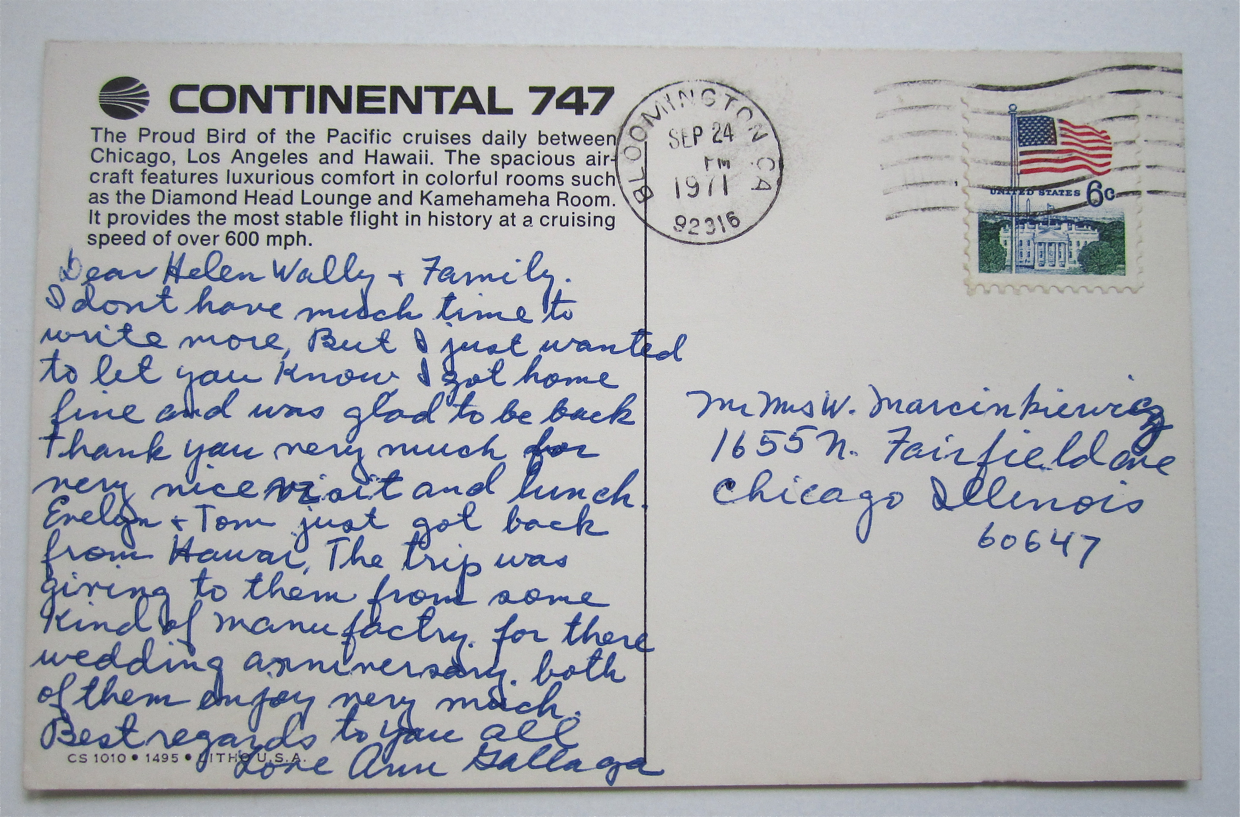Continental 747 Airplane Postcard
