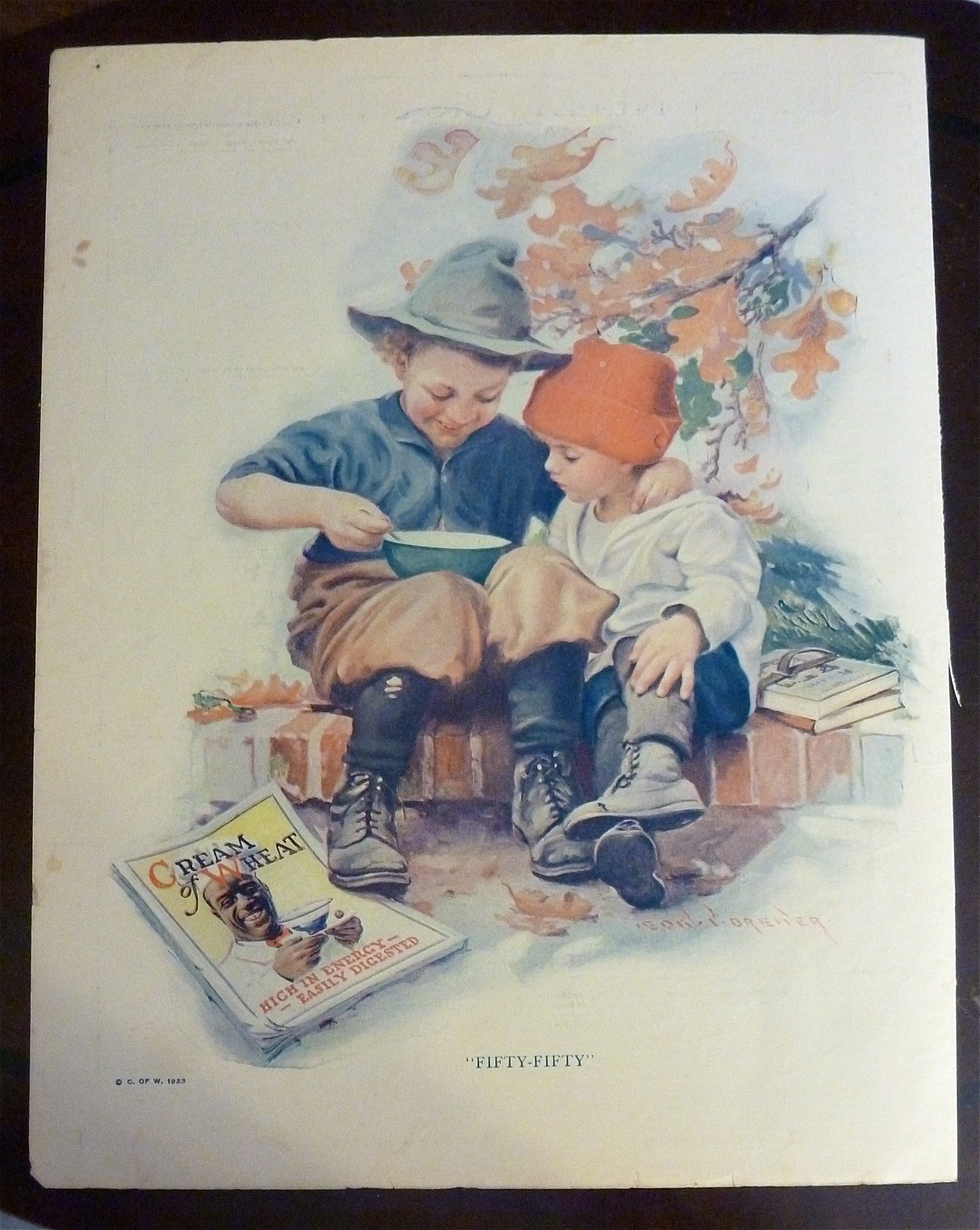 1923 Cream Of Wheat w/ Two Boys Sitting & Eating Cereal