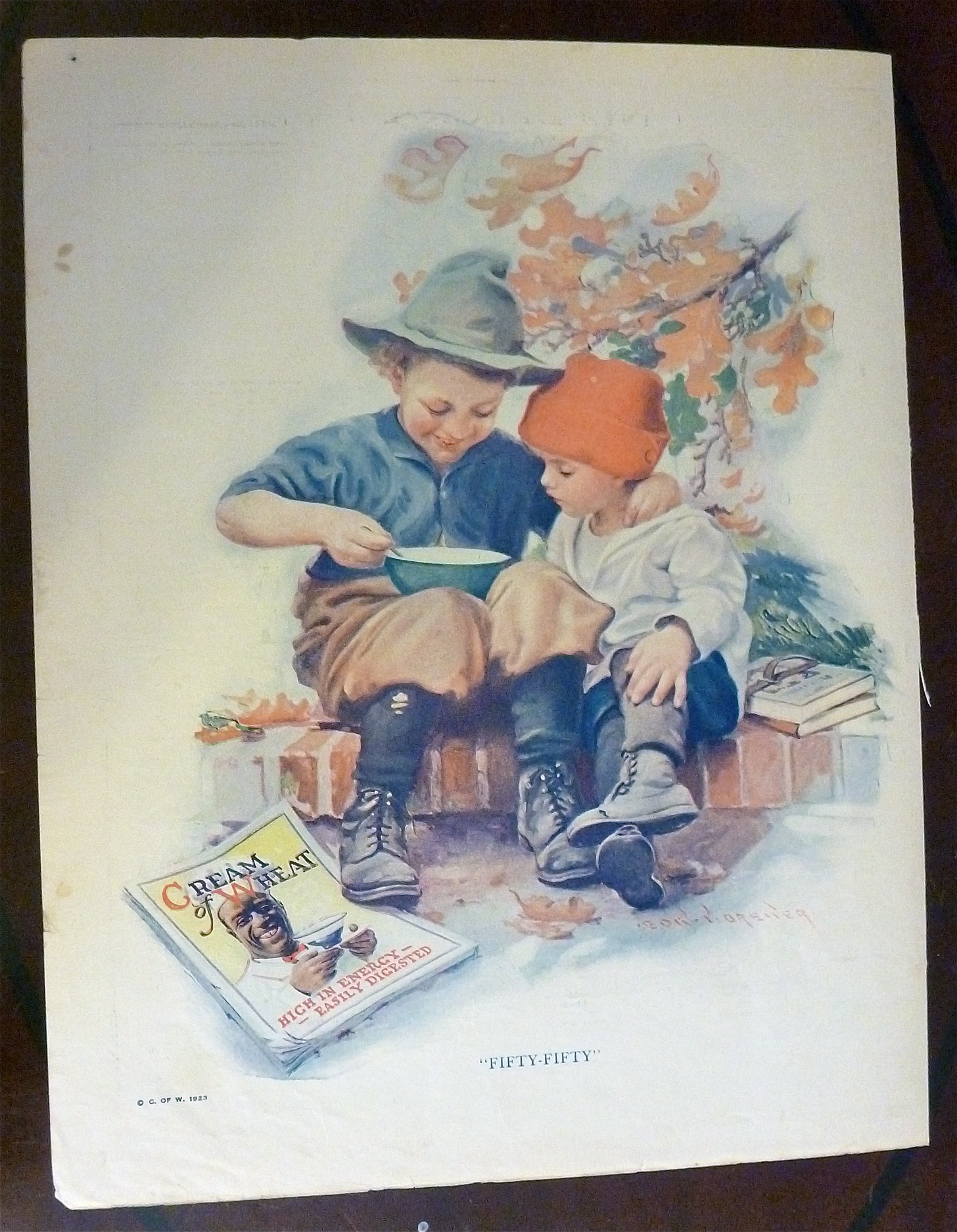 1923 Cream Of Wheat w/ Two Boys Sitting & Eating Cereal