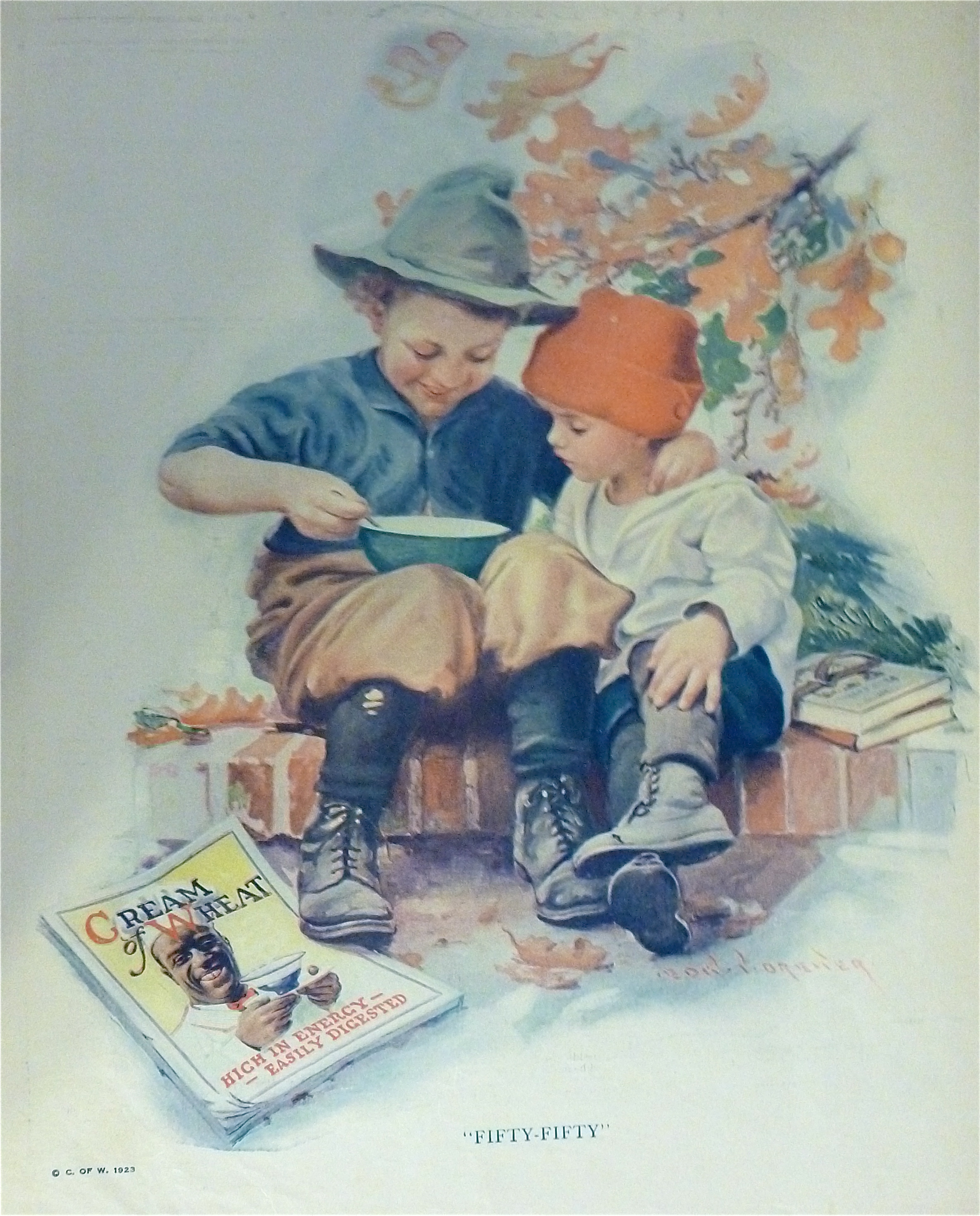 1923 Cream Of Wheat w/ Two Boys Sitting & Eating Cereal