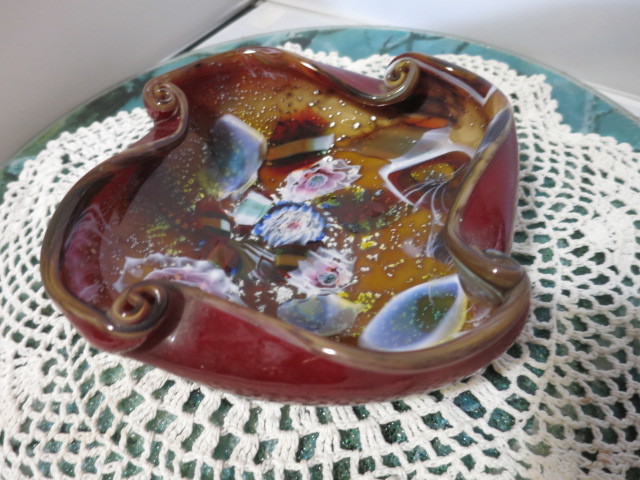 Murano Art Glass Uranium Bowl Rare Mid Century Floral Abstract