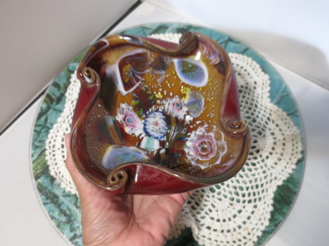 Murano Art Glass Uranium Bowl Rare Mid Century Floral Abstract