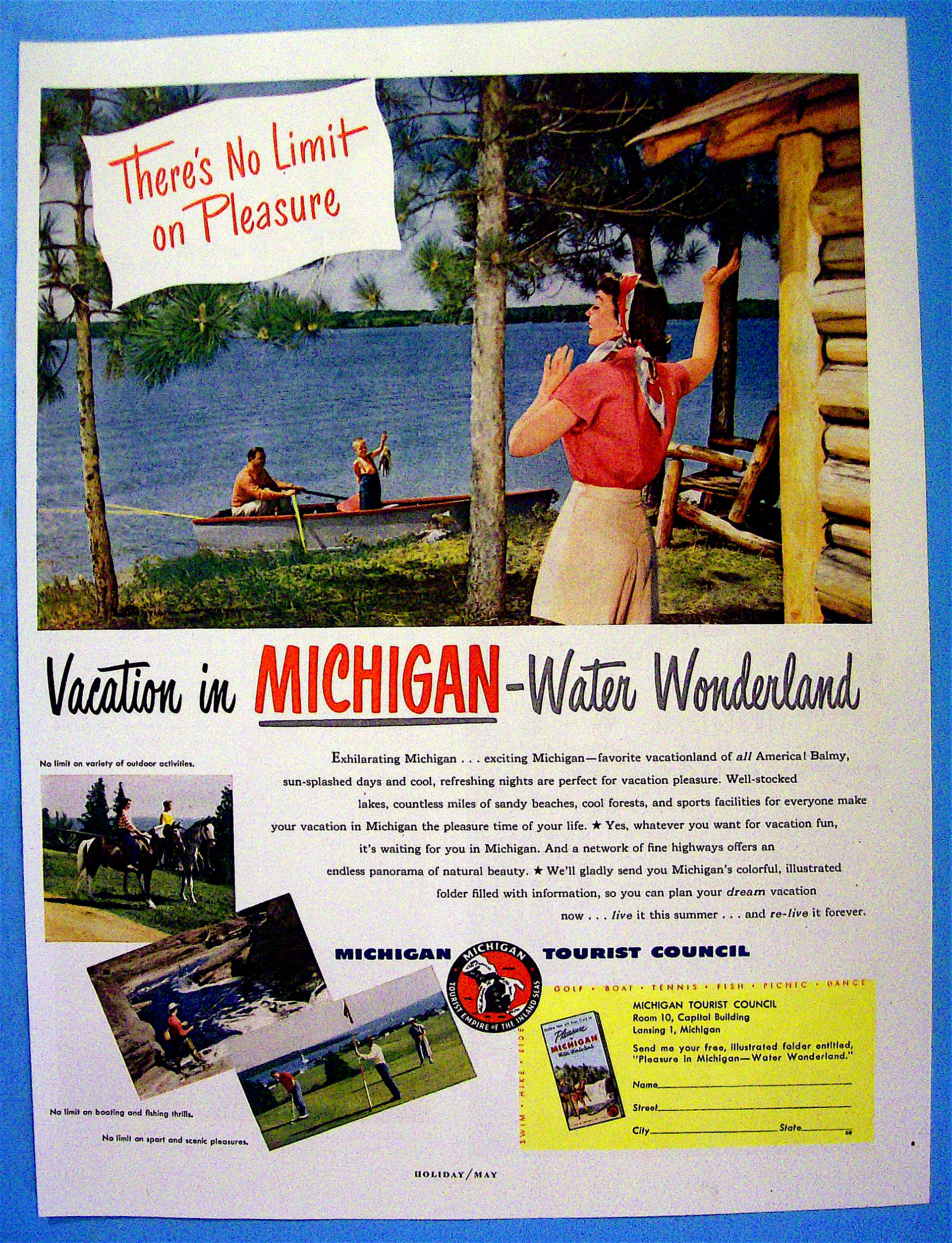 1949 Michigan with Woman Waving To Man & Boy In Boat