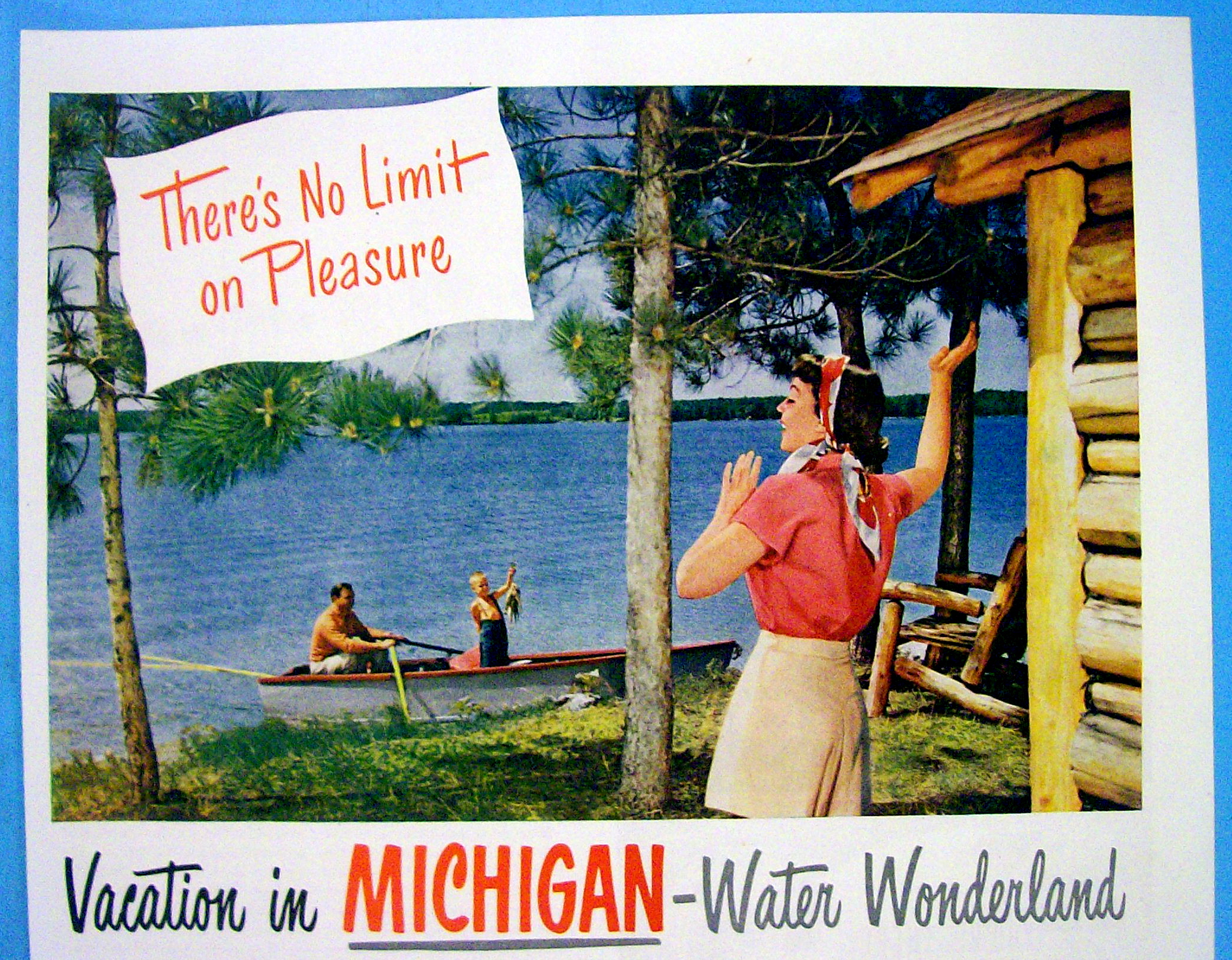 1949 Michigan with Woman Waving To Man & Boy In Boat