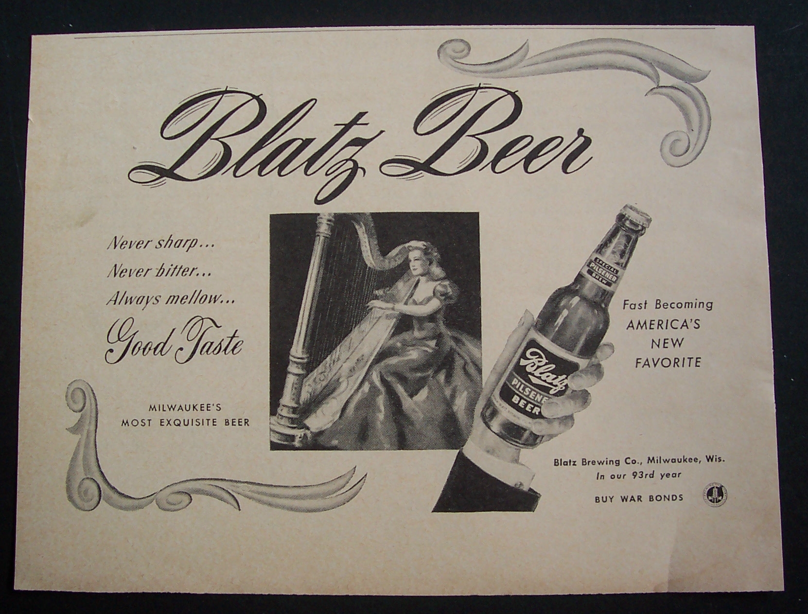 1944 Blatz Beer with Woman Playing a Harp