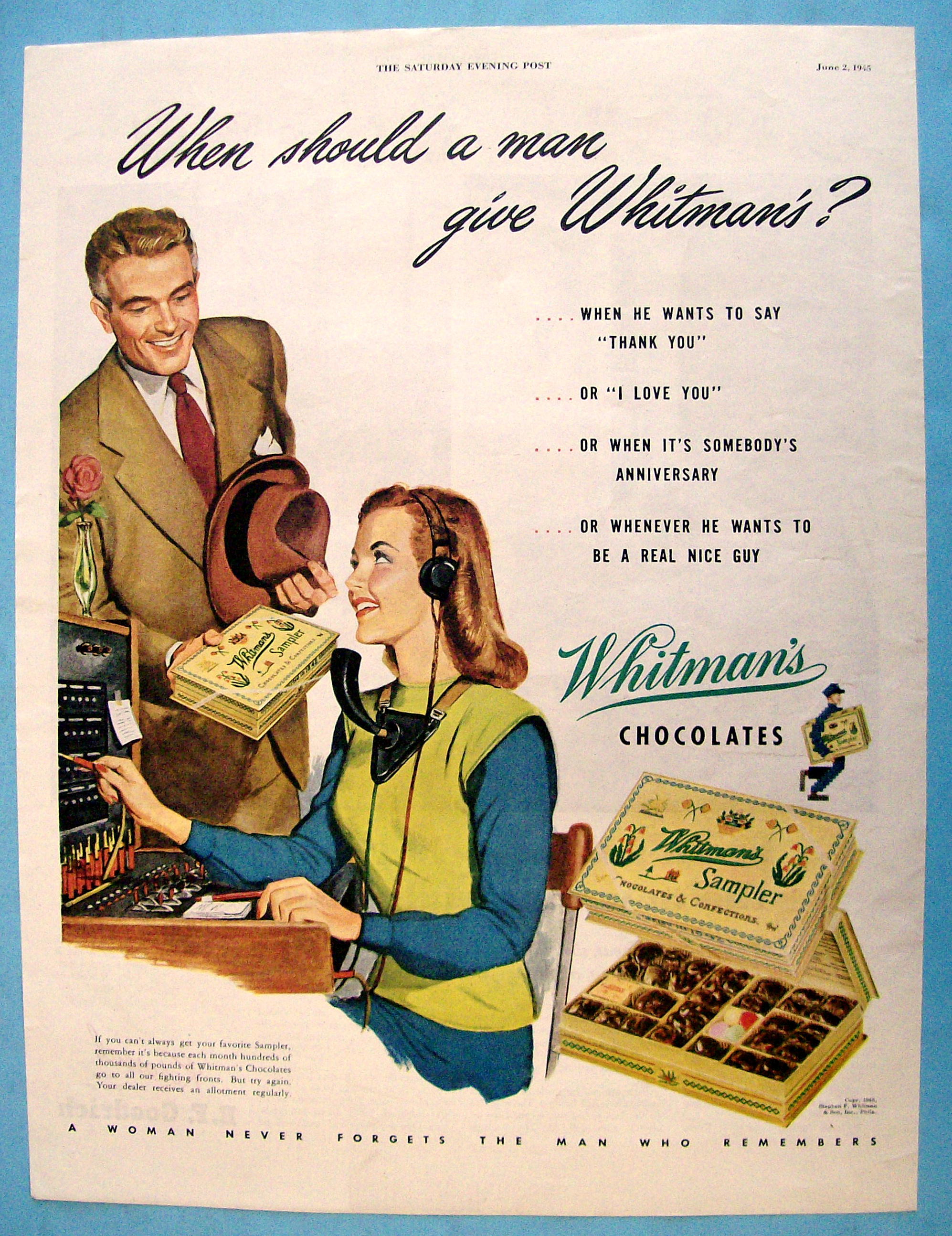 1945 Whitman's Chocolates with Man Giving Woman Candy