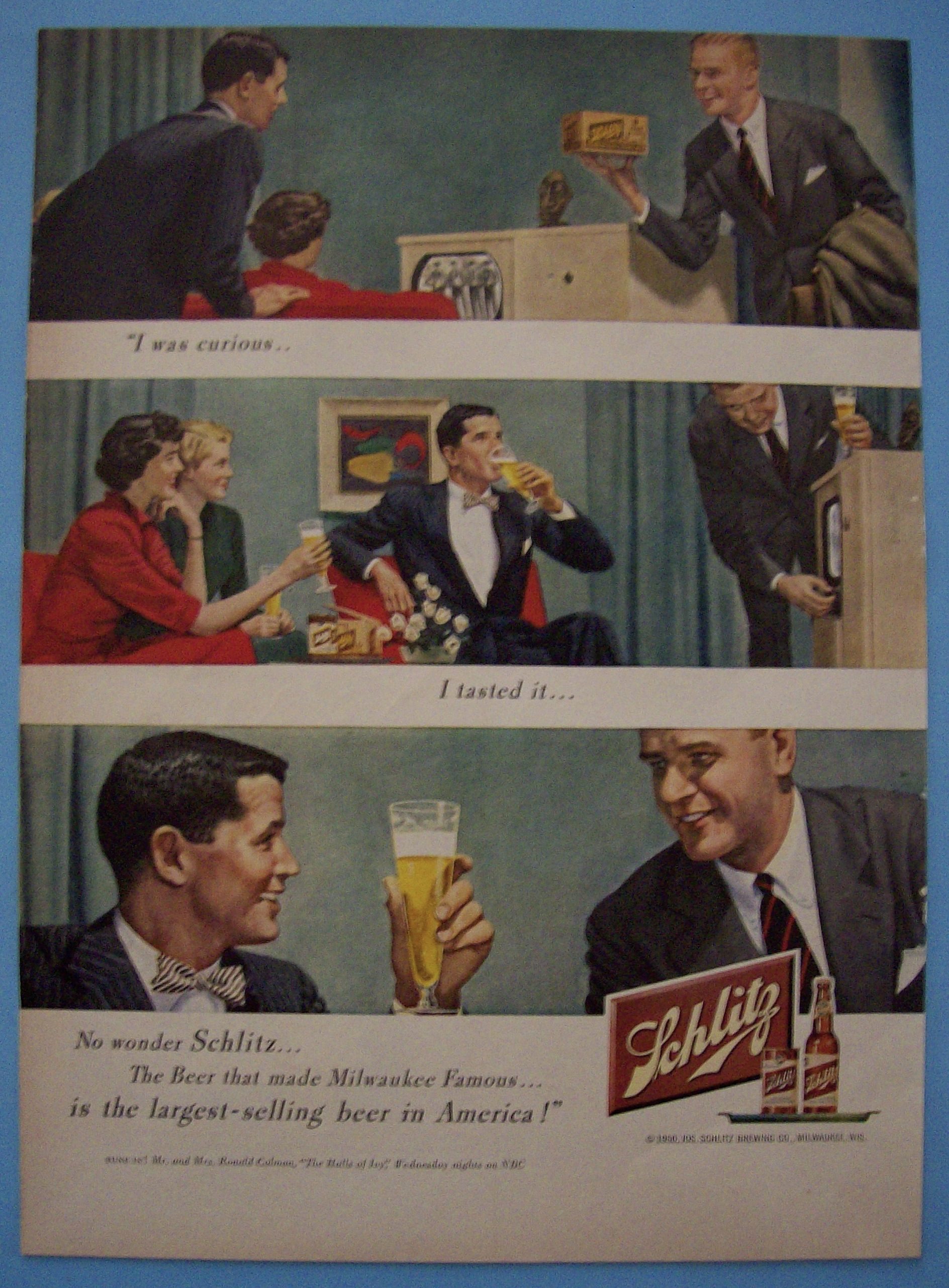 1950 Schlitz Beer w/Man Bringing Home a Case of Beer