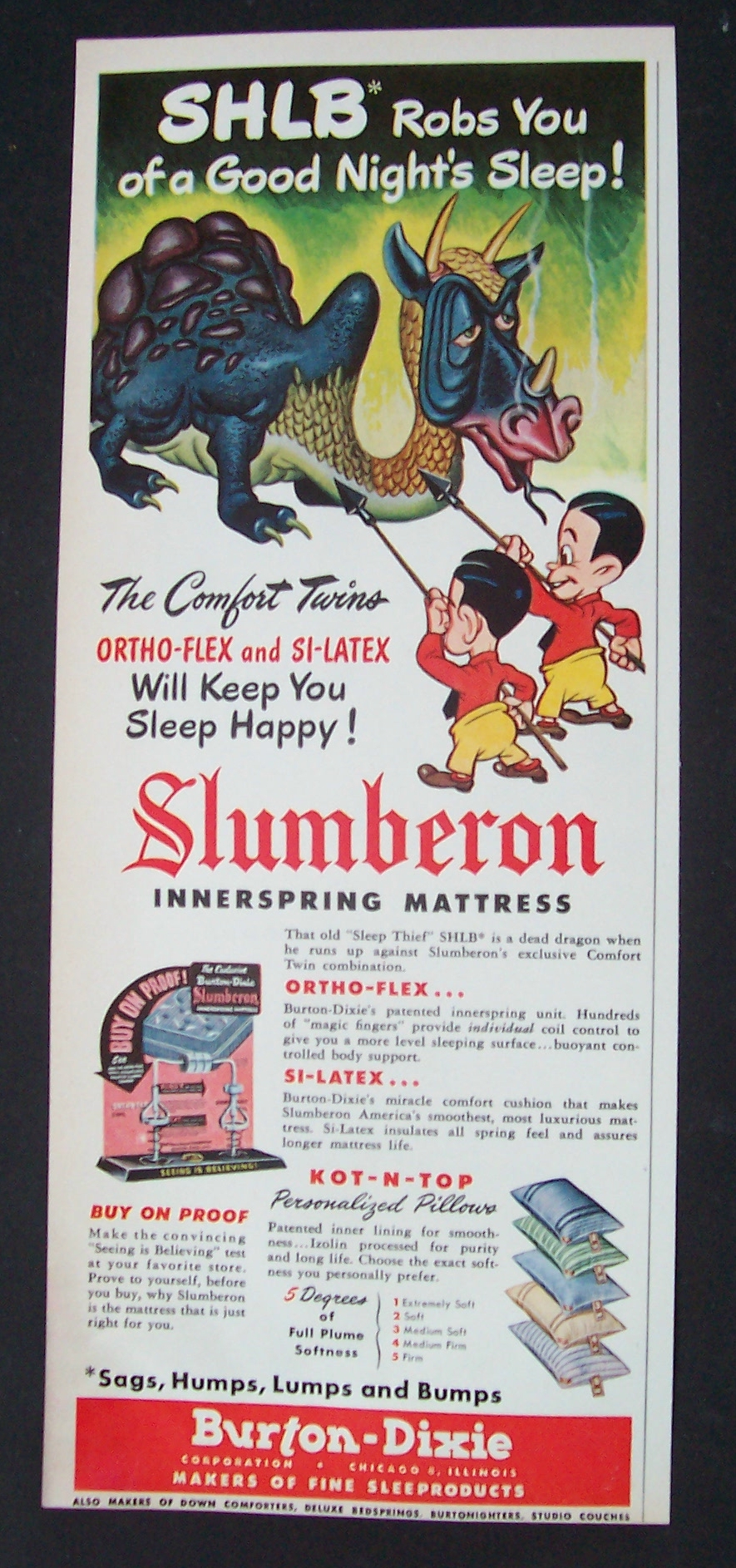 1951 Slumberon Innerspring Mattress with Two Men Holding Spears At Dragon