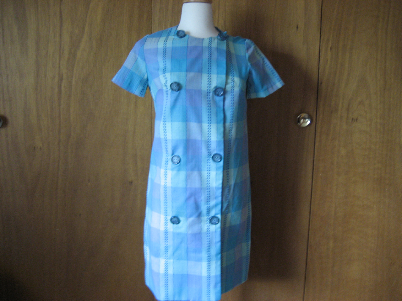 70s Blue Plaid Hip Hugger Dress