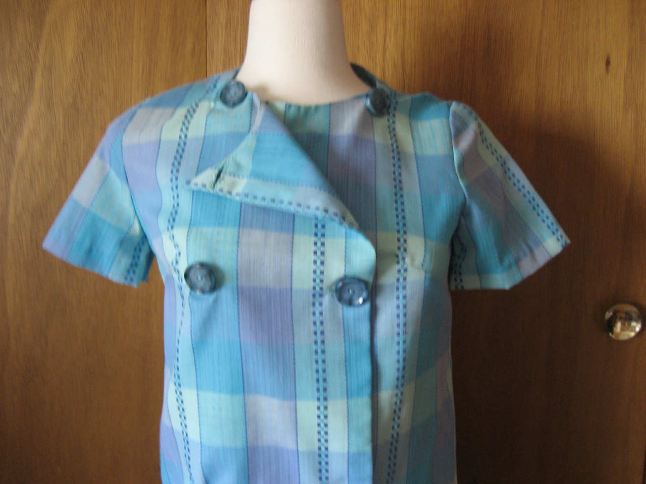 70s Blue Plaid Hip Hugger Dress