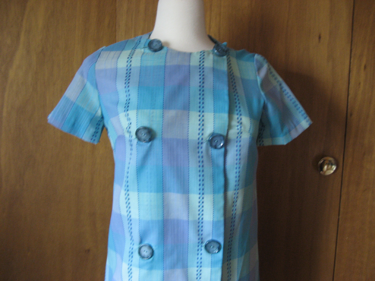 70s Blue Plaid Hip Hugger Dress