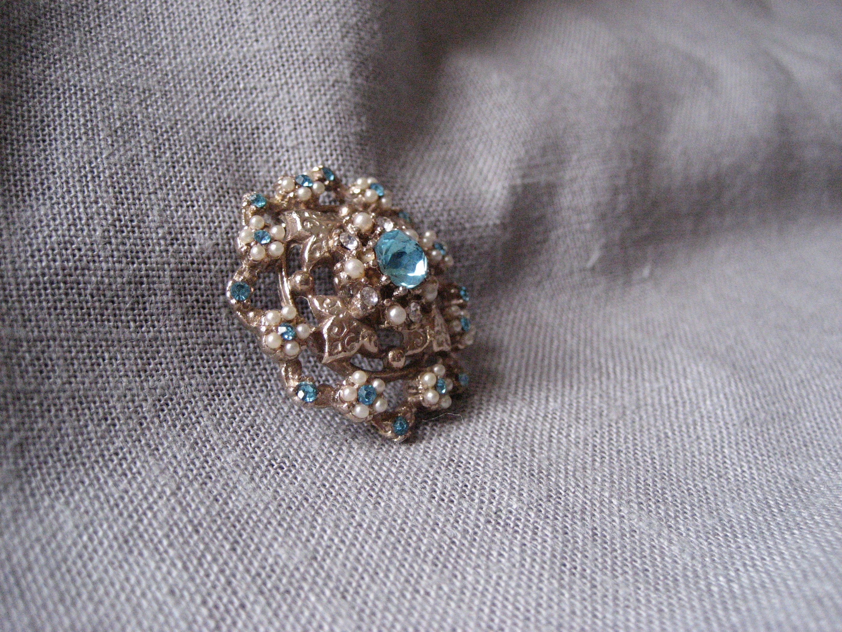 Blue Rhinestone and Faux Pearl Brooch
