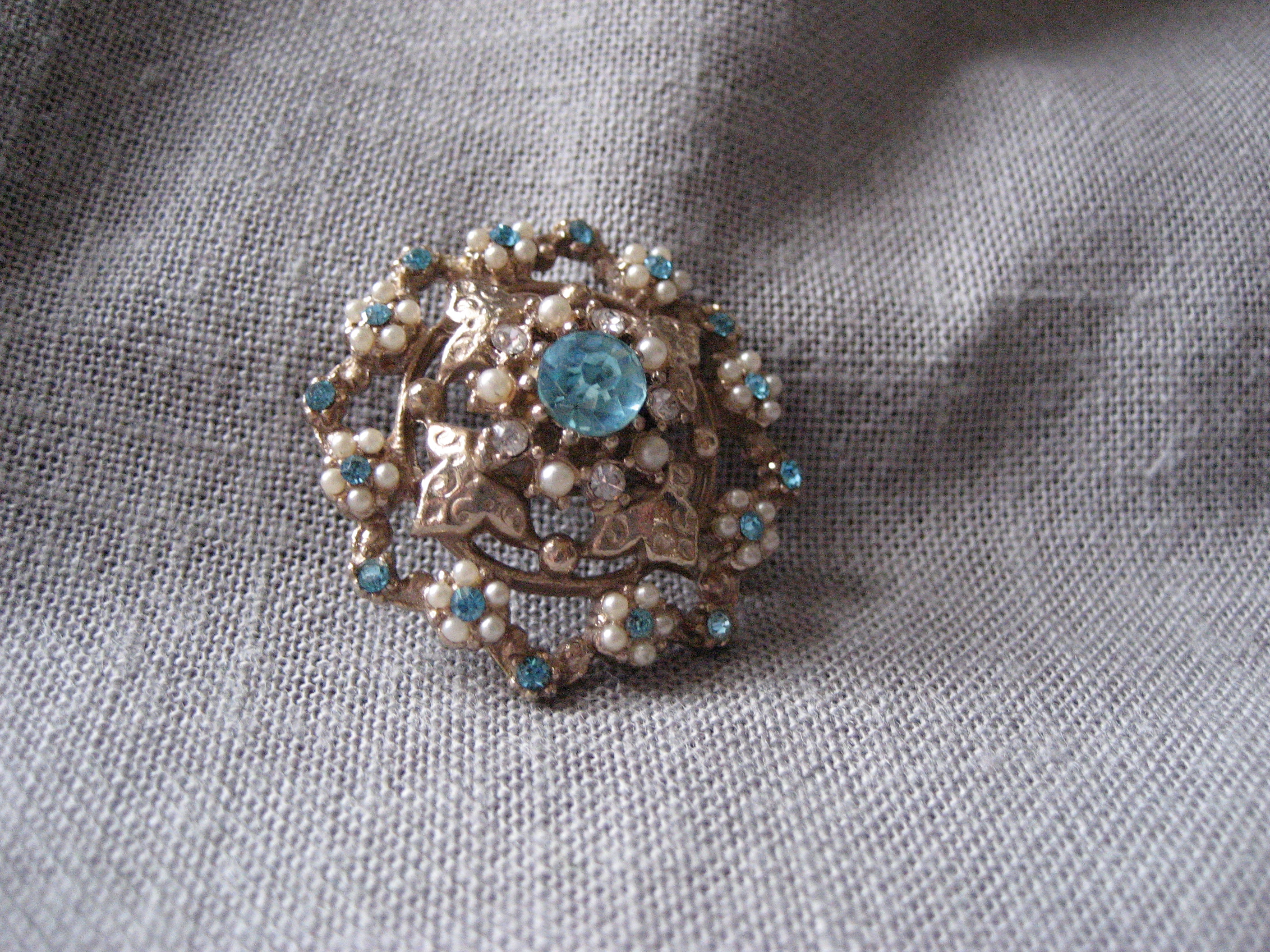 Blue Rhinestone and Faux Pearl Brooch