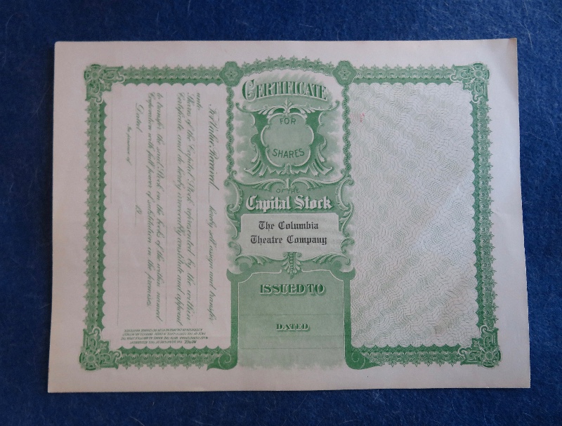 Early 1900's The Columbia Theatre Company Stock Certificate