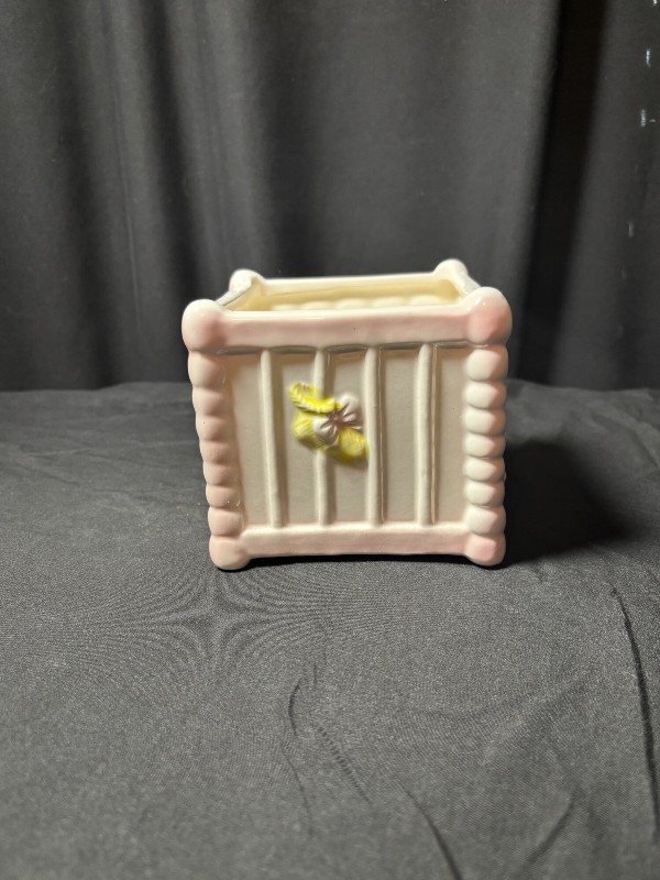 Vintage Ceramic Baby Crib Planter with Teddy Bear and Yarn Nursery Decor