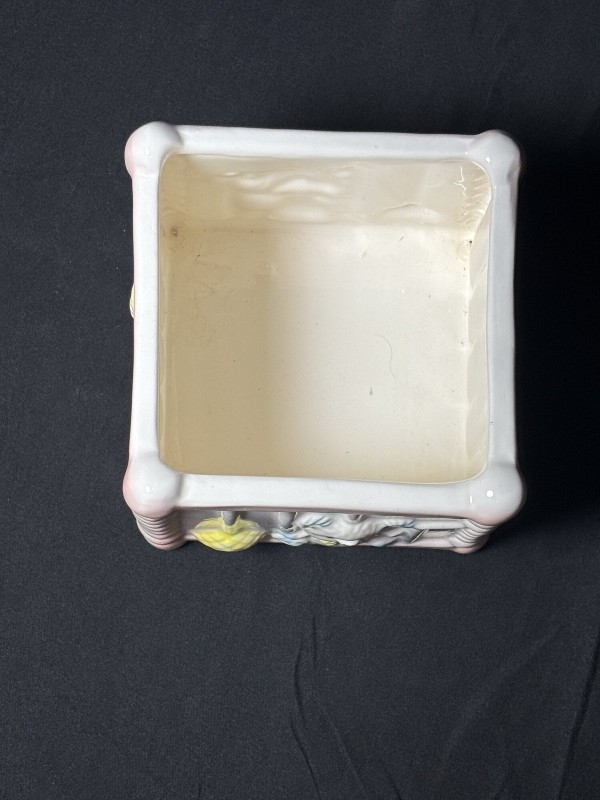 Vintage Ceramic Baby Crib Planter with Teddy Bear and Yarn Nursery Decor