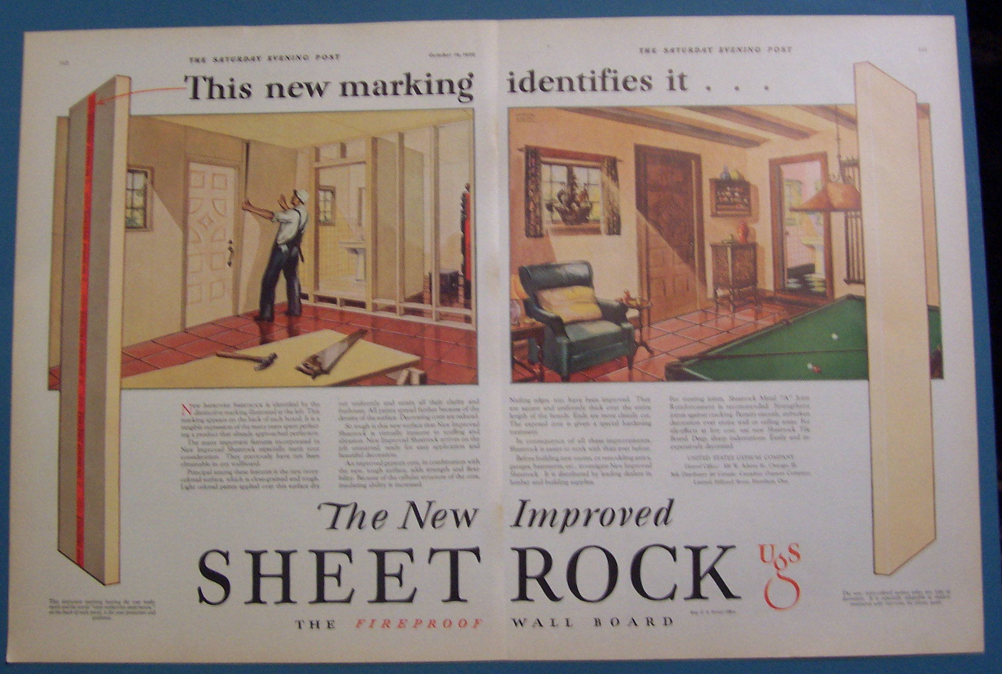 1929 New Improved Sheet Rock with Man Putting Up Wall