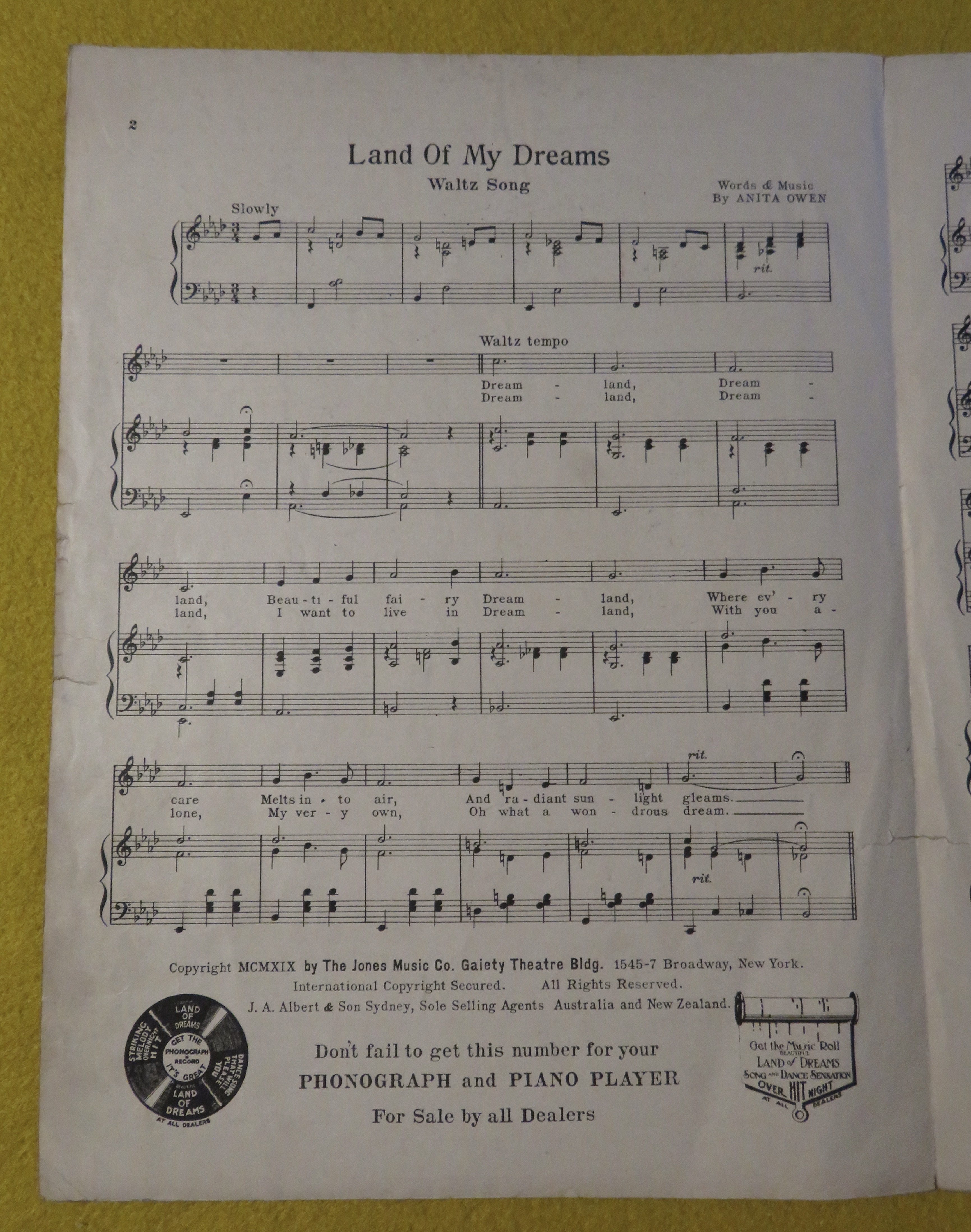 1919 Land Of My Dreams Sheet Music By Anita Owen
