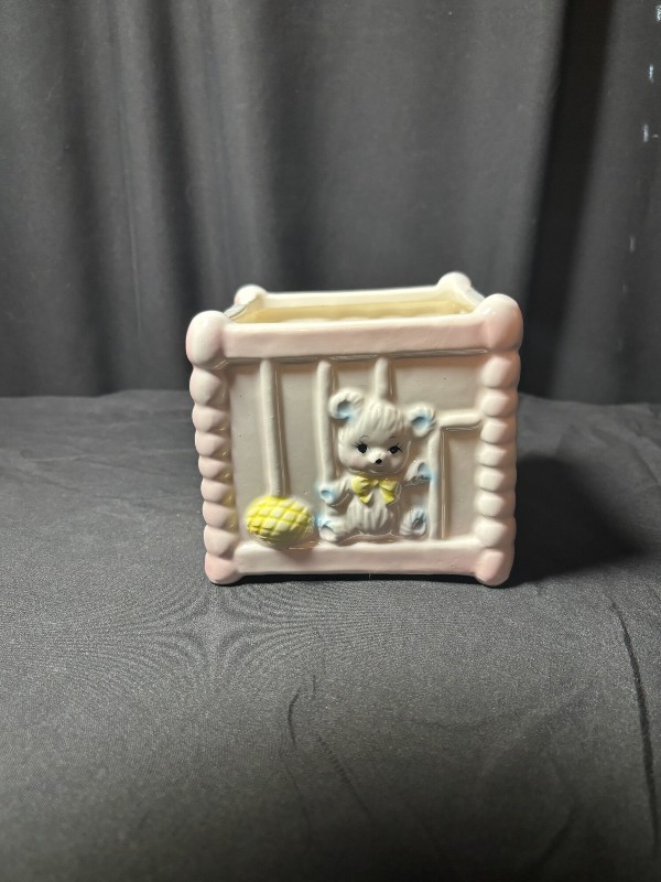 Vintage Ceramic Baby Crib Planter with Teddy Bear and Yarn Nursery Decor