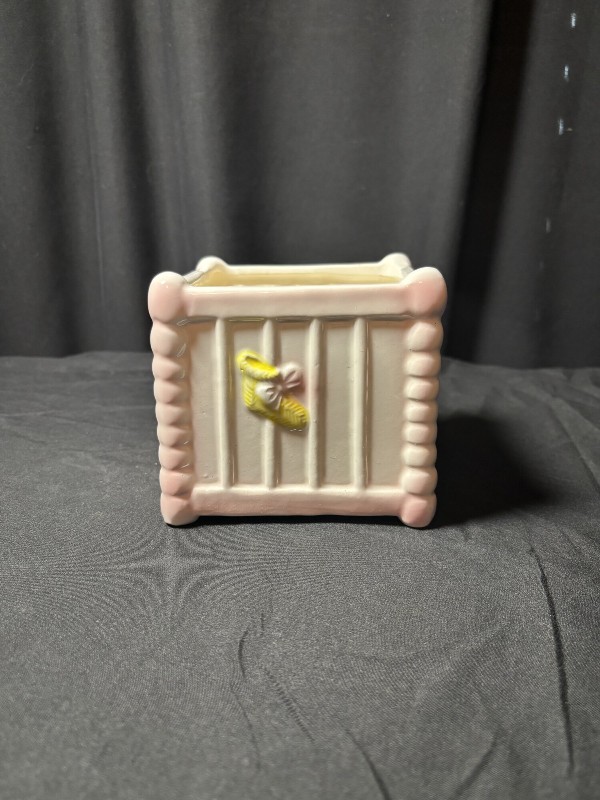Vintage Ceramic Baby Crib Planter with Teddy Bear and Yarn Nursery Decor
