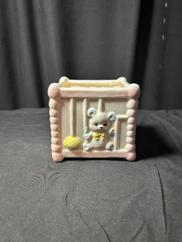 Vintage Ceramic Baby Crib Planter with Teddy Bear and Yarn Nursery Decor