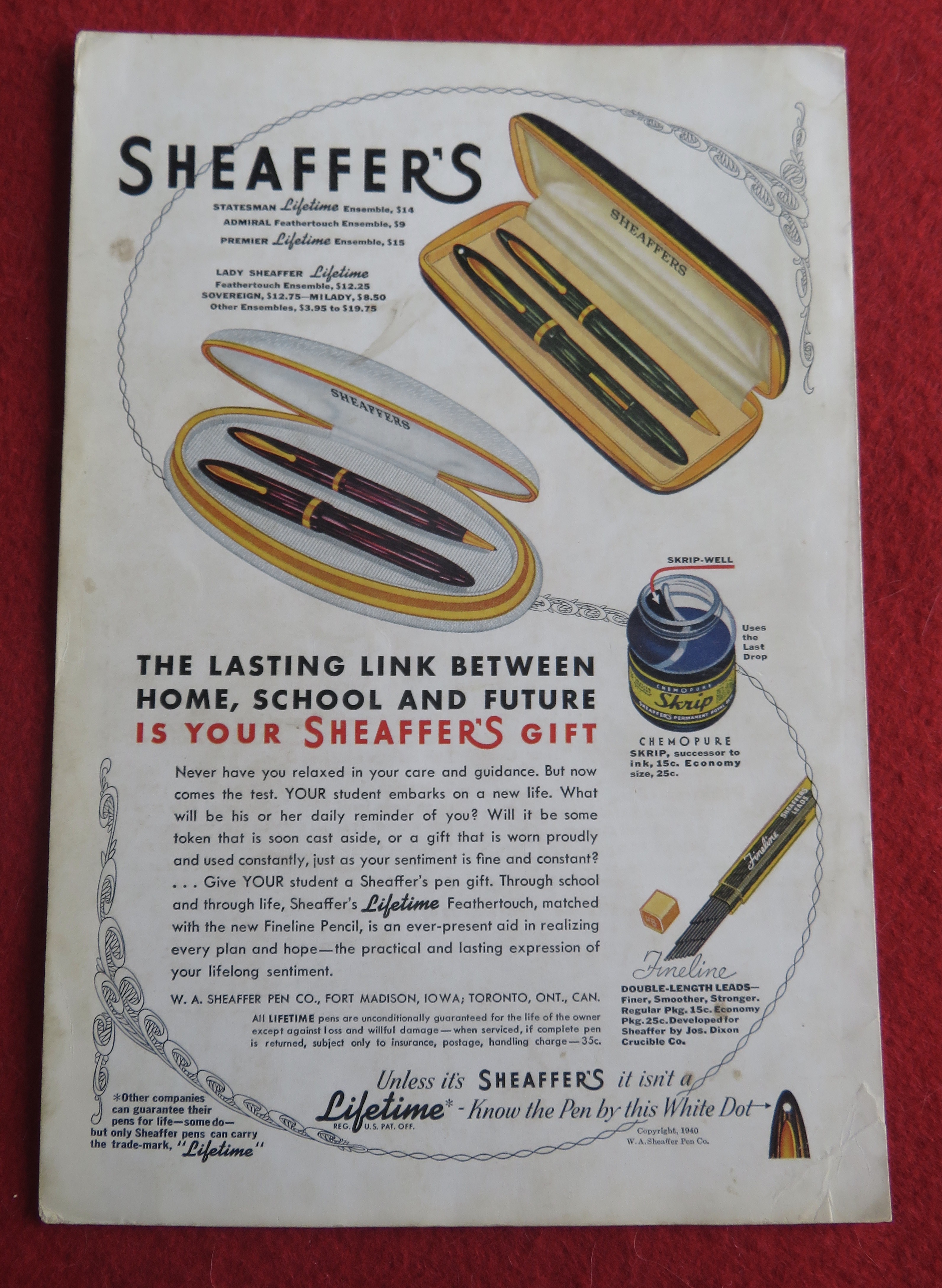 1940 Sheaffer Pens with Sheaffer Lifetime Pens