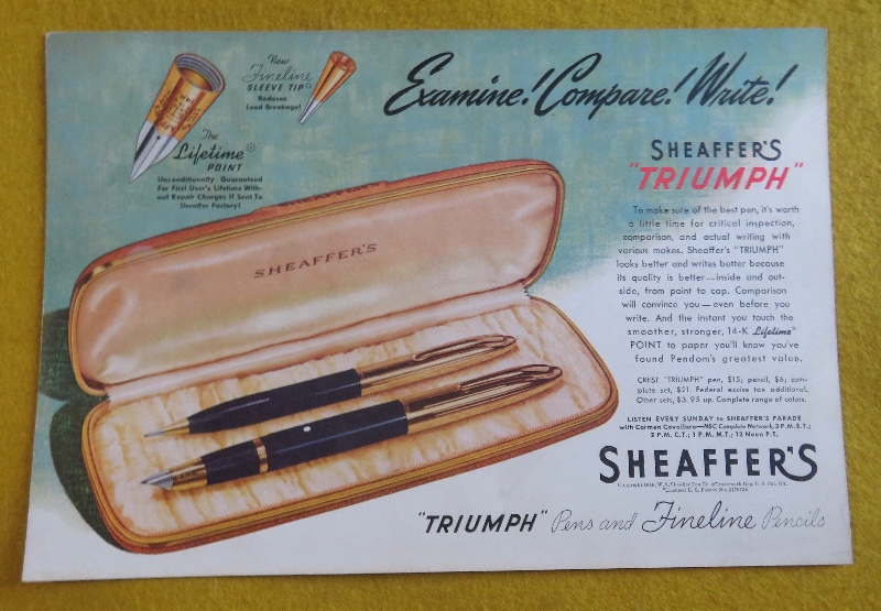 1946 Sheaffer Pens With Sheaffer's Triumph Pen & Pencil