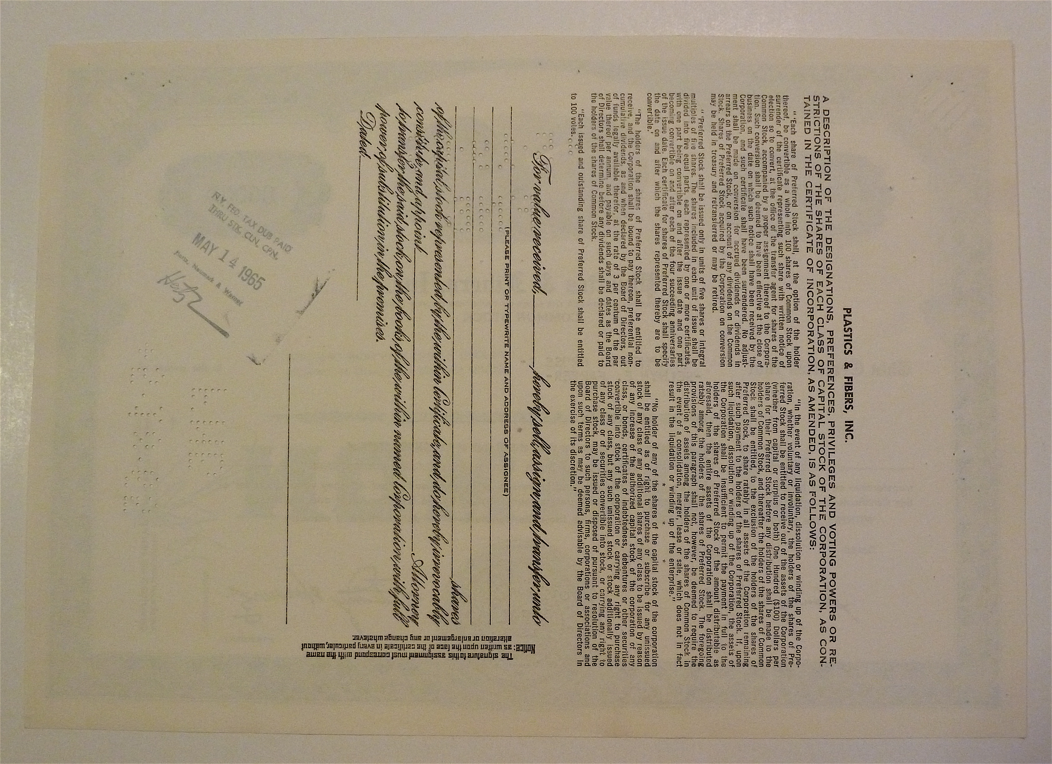 Plastics & Fibers Inc. Stock Certificate