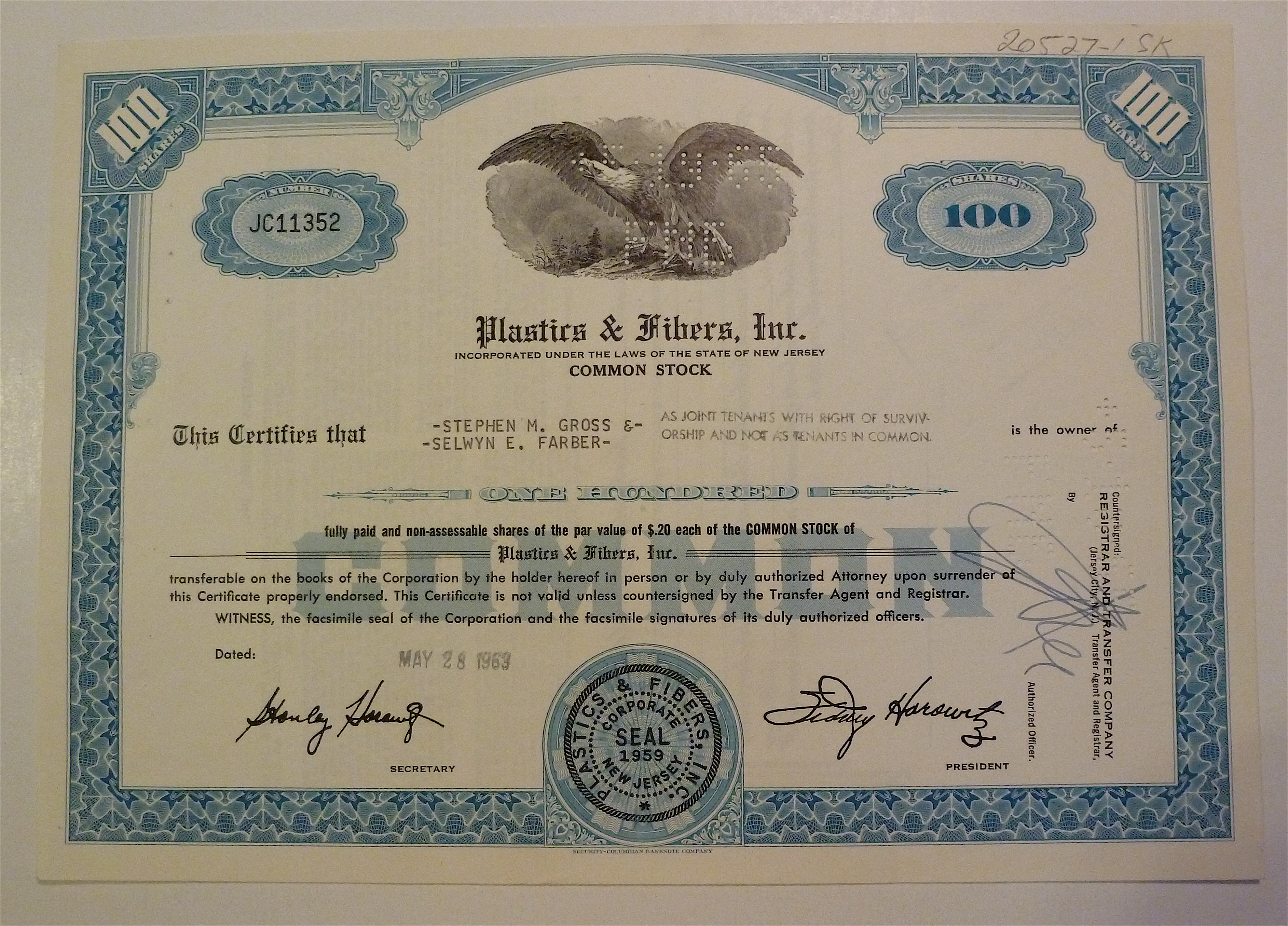 Plastics & Fibers Inc. Stock Certificate