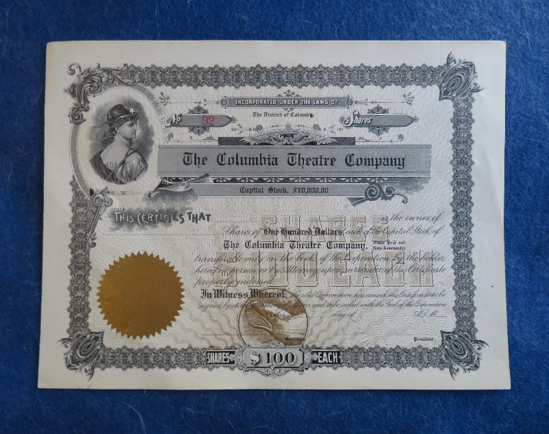 Early 1900's The Columbia Theatre Company Stock Certificate