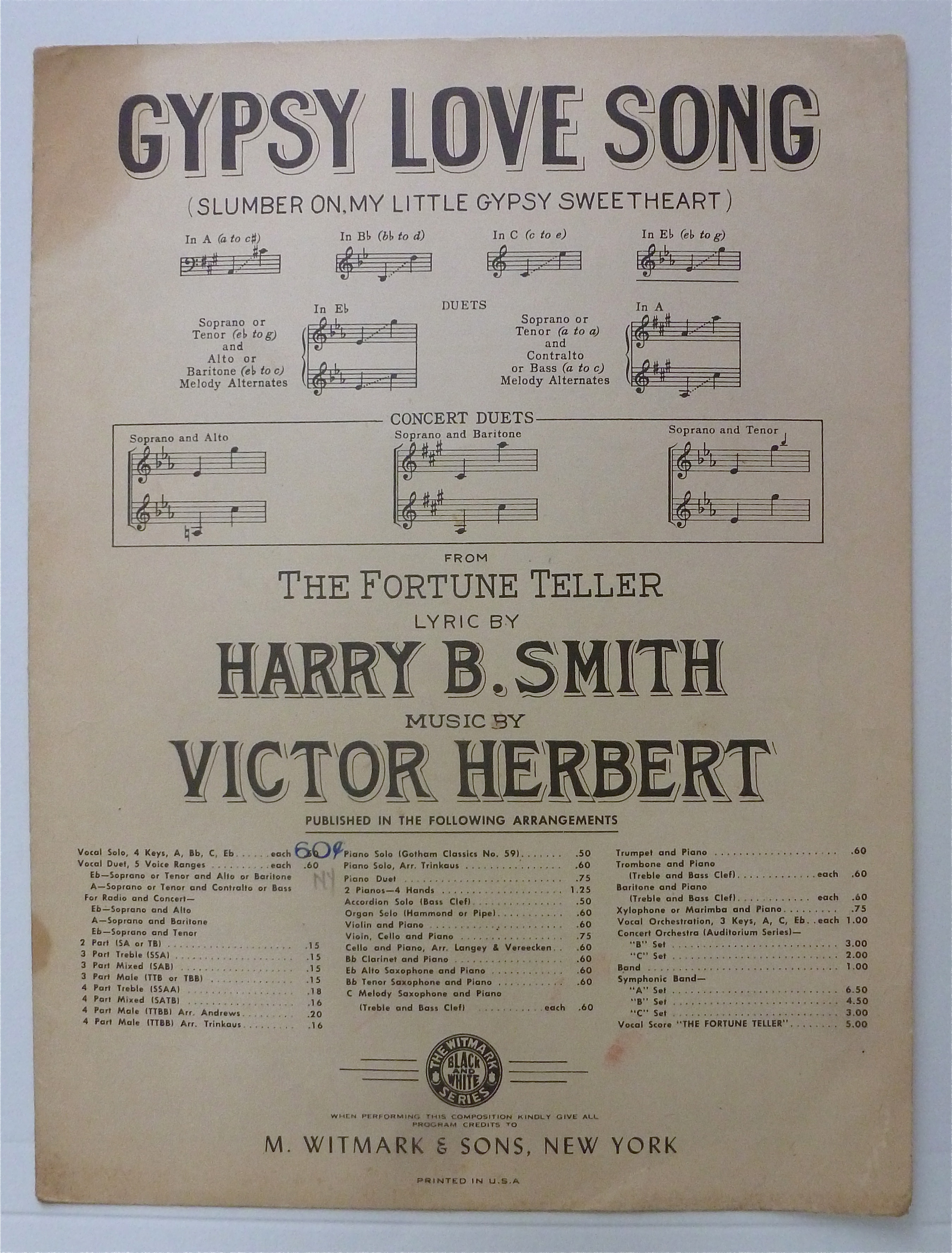 Sheet Music For 1898 Gypsy Love Song