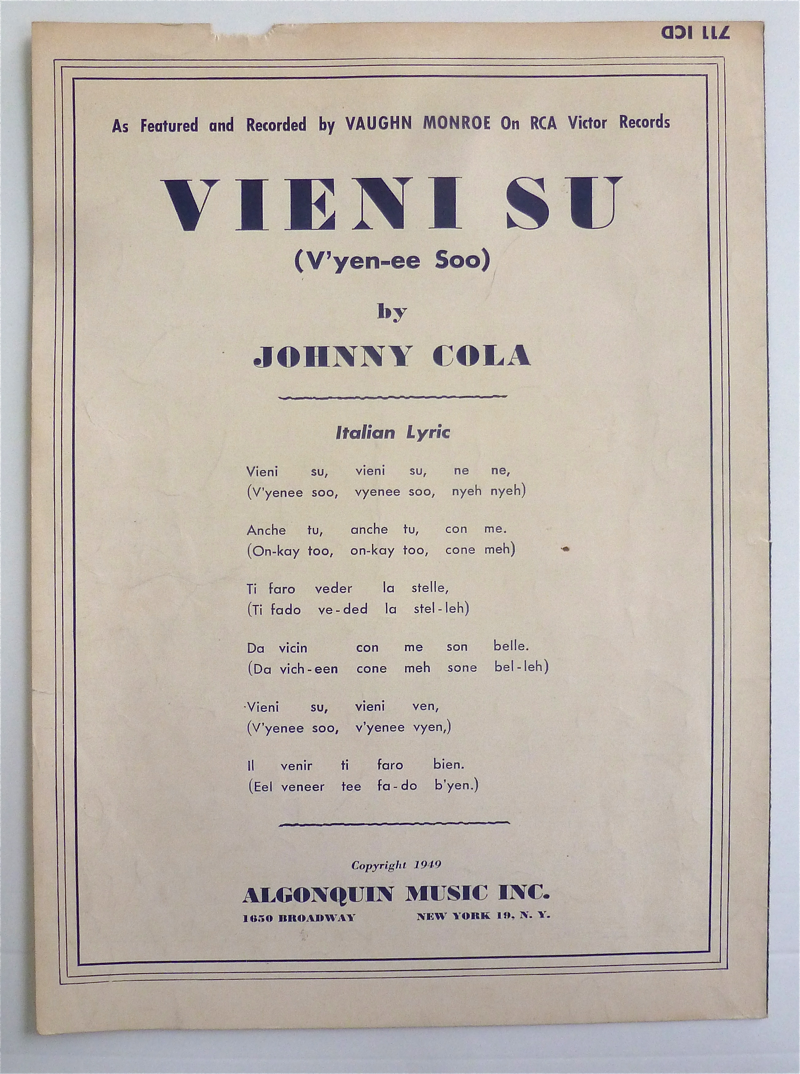 Sheet Music For 1949 Vieni Su