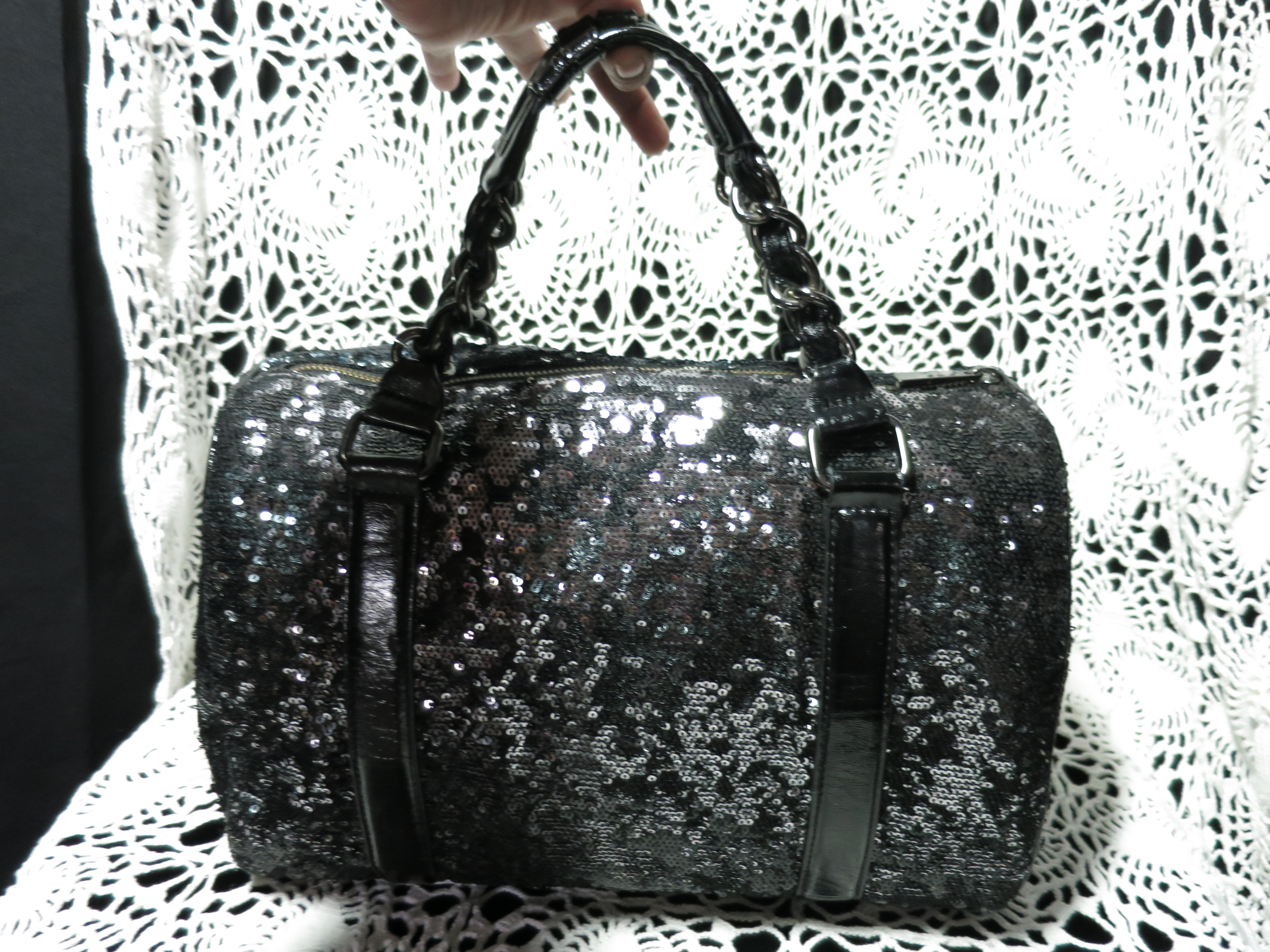 Express Satchel Tote Bag Black and Silver Sequins