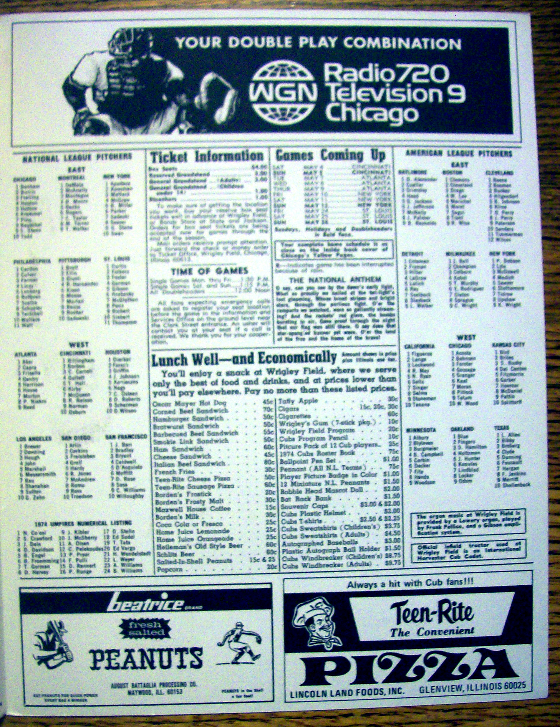 Chicago Cubs vs. Cincinnati Reds Scorecard May 1974