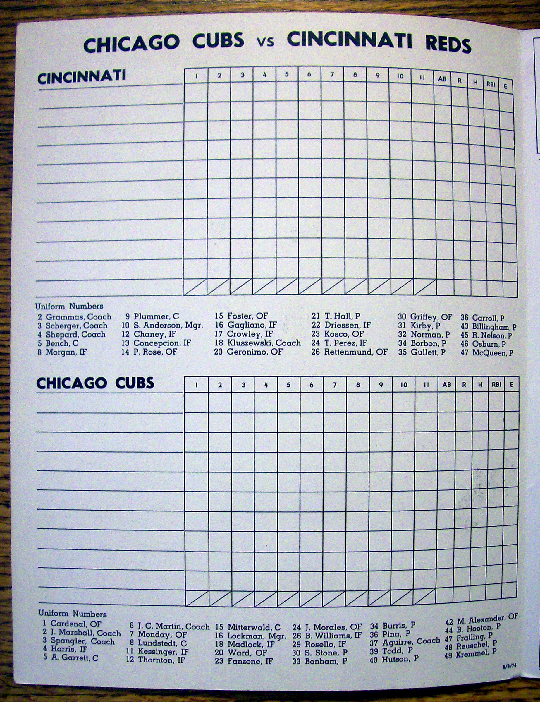 Chicago Cubs vs. Cincinnati Reds Scorecard May 1974