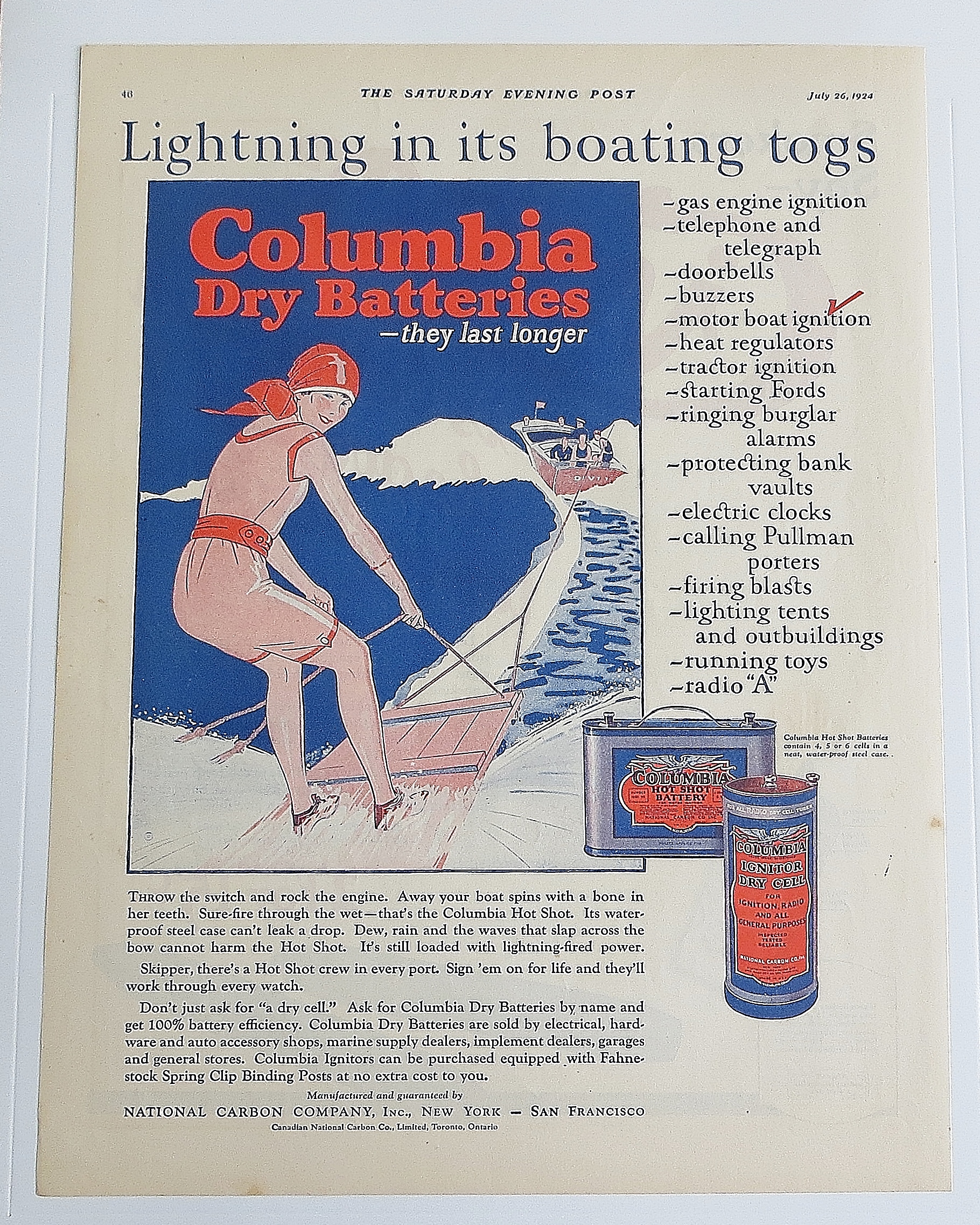 1924 Columbia Batteries With Woman Water Skiing